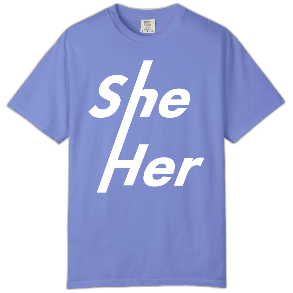 White text reading 'She/Her' with a diagonal forward slash on gray background, pronoun pride design in Flo Blue