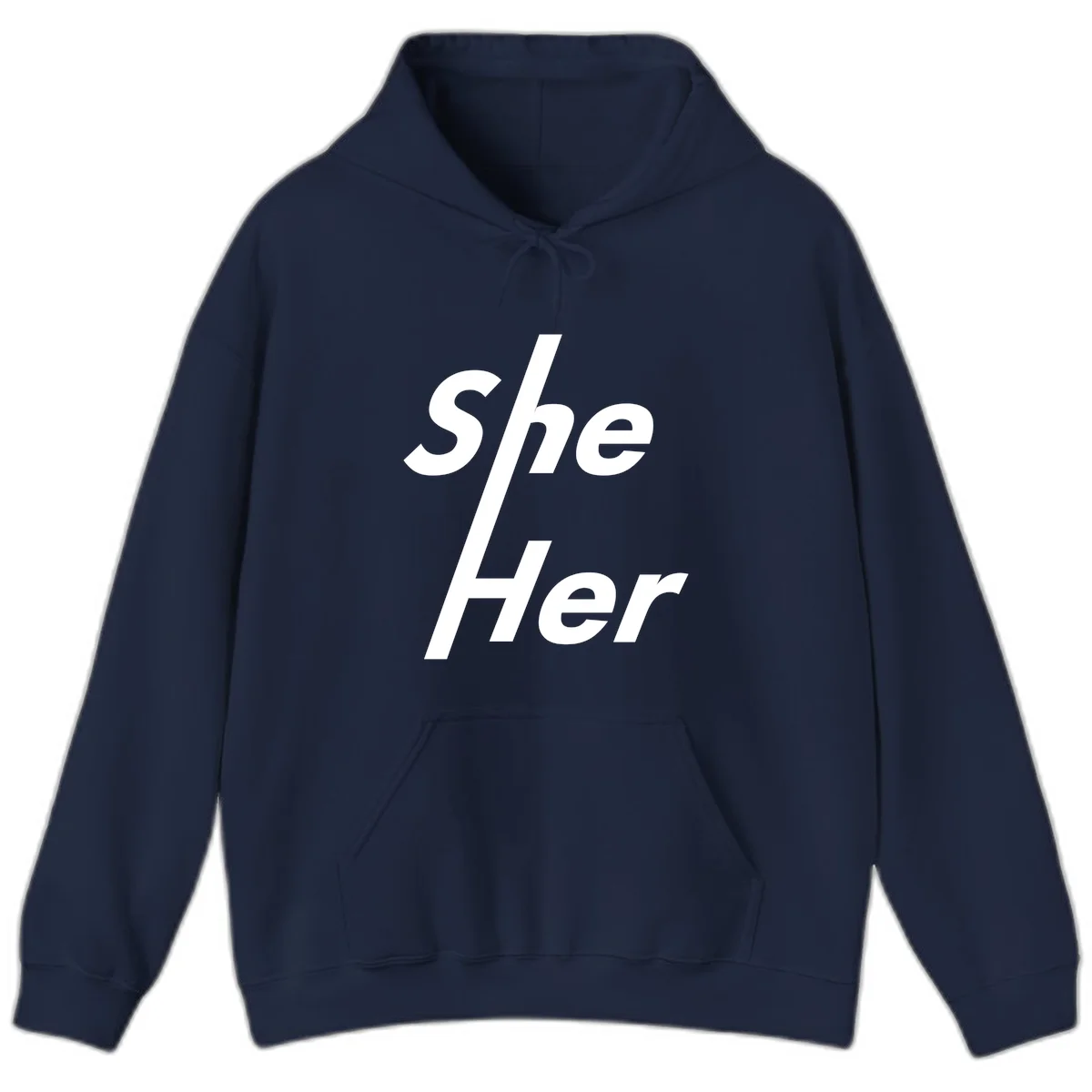 White text reading 'She/Her' with a diagonal forward slash on gray background, pronoun pride design in Navy