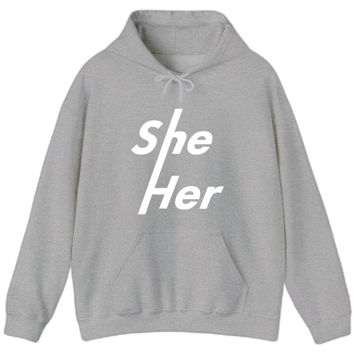 White text reading 'She/Her' with a diagonal forward slash on gray background, pronoun pride design in Sport Grey