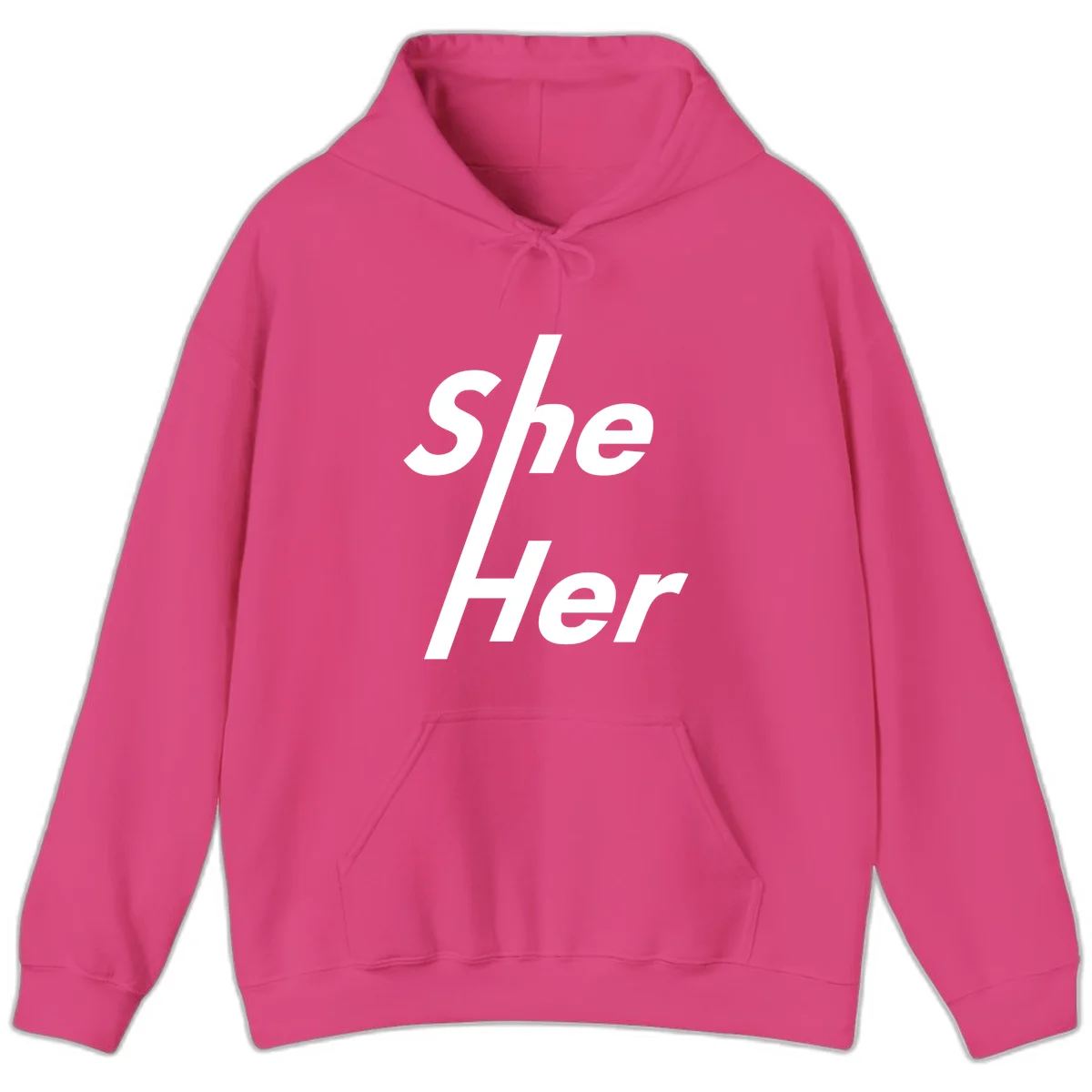 White text reading 'She/Her' with a diagonal forward slash on gray background, pronoun pride design in Heliconia