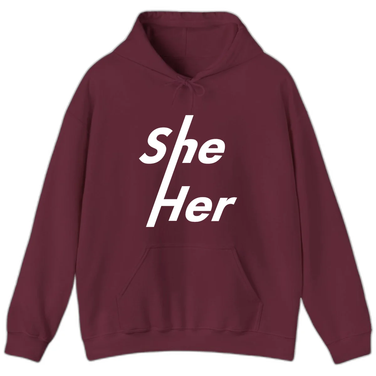 White text reading 'She/Her' with a diagonal forward slash on gray background, pronoun pride design in Maroon