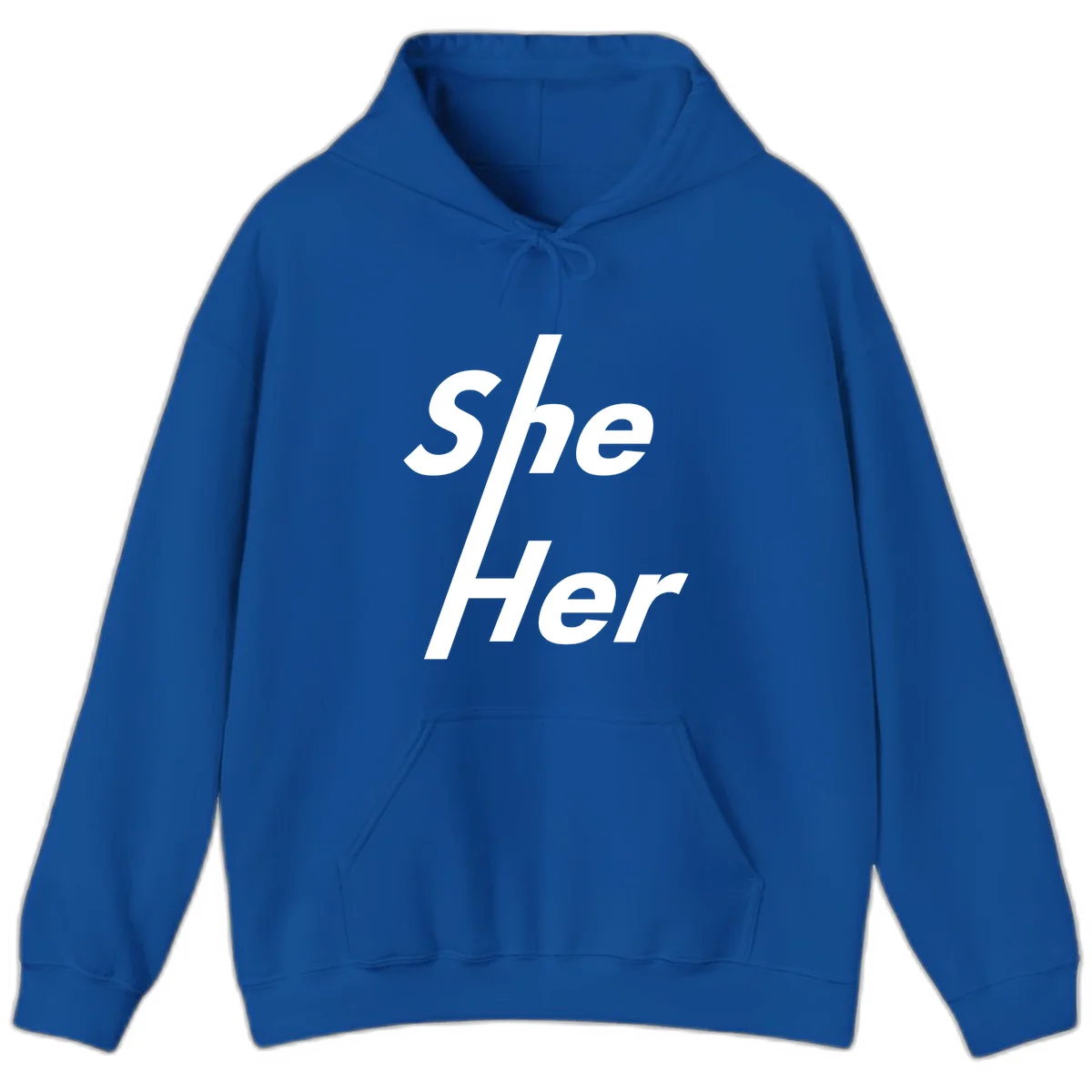 White text reading 'She/Her' with a diagonal forward slash on gray background, pronoun pride design in Royal