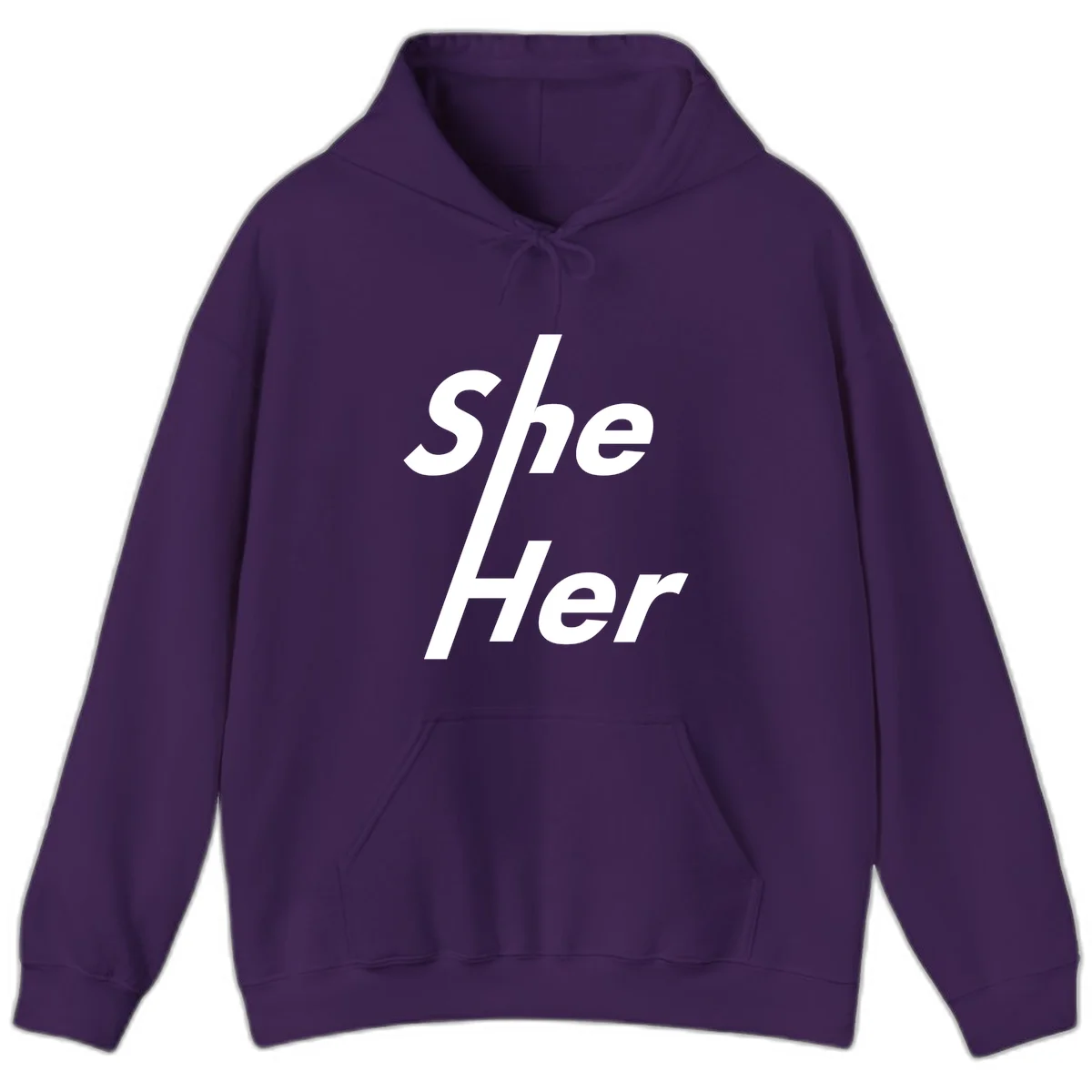 White text reading 'She/Her' with a diagonal forward slash on gray background, pronoun pride design in Purple