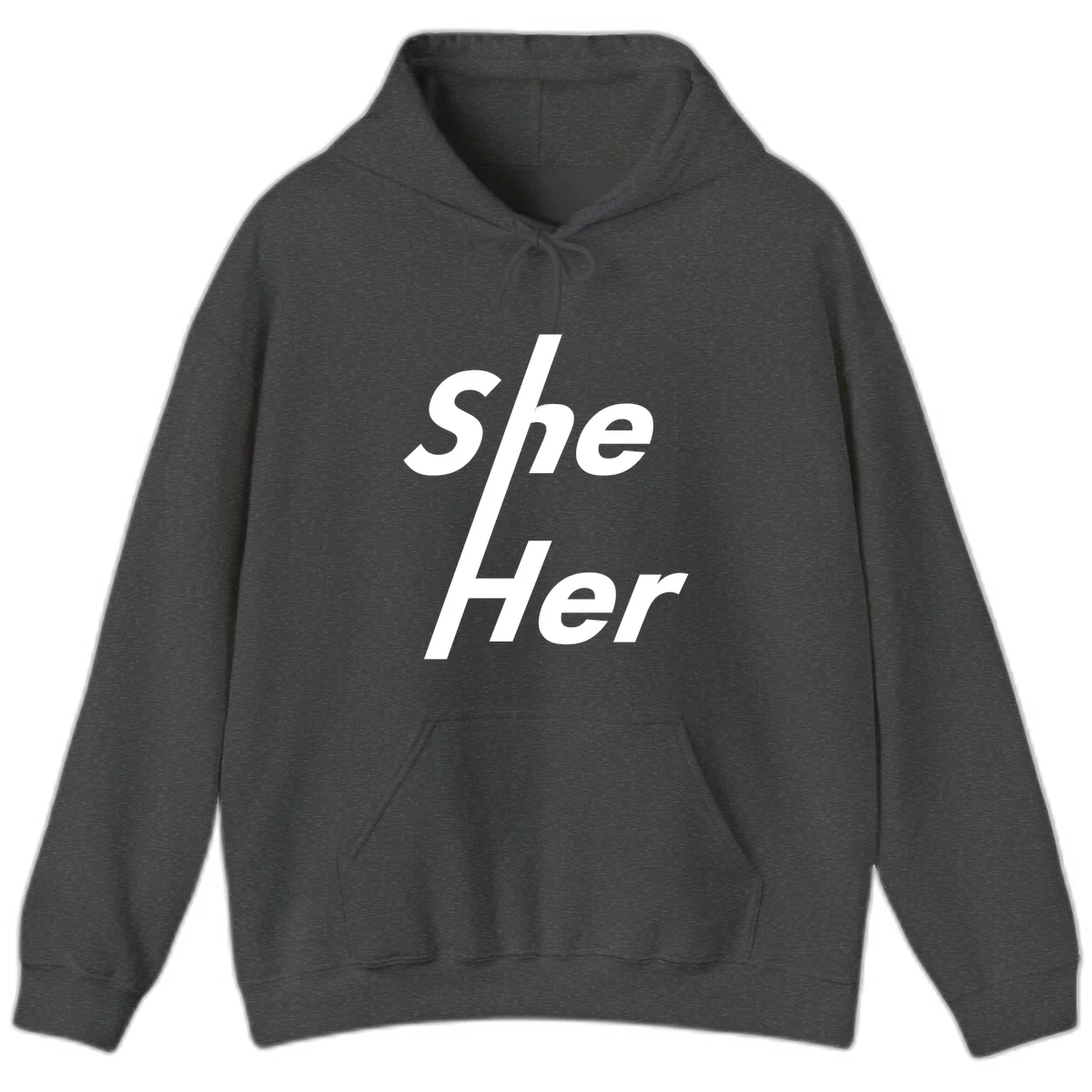 White text reading 'She/Her' with a diagonal forward slash on gray background, pronoun pride design in Dark Heather