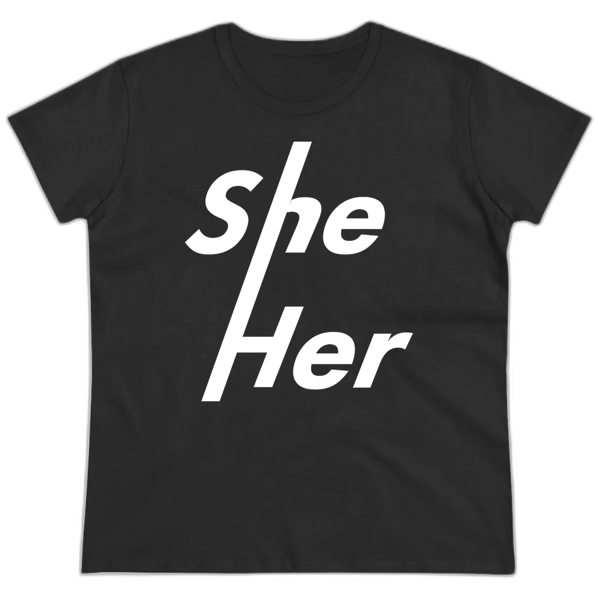 White text reading 'She/Her' with a diagonal forward slash on gray background, pronoun pride design in Black