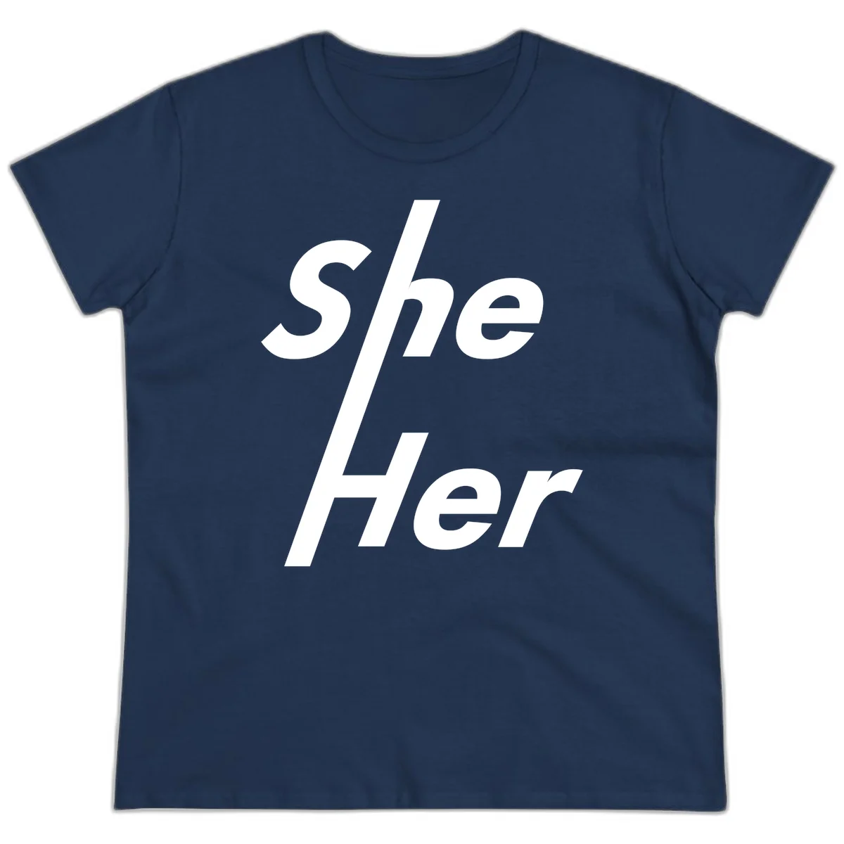 White text reading 'She/Her' with a diagonal forward slash on gray background, pronoun pride design in Navy