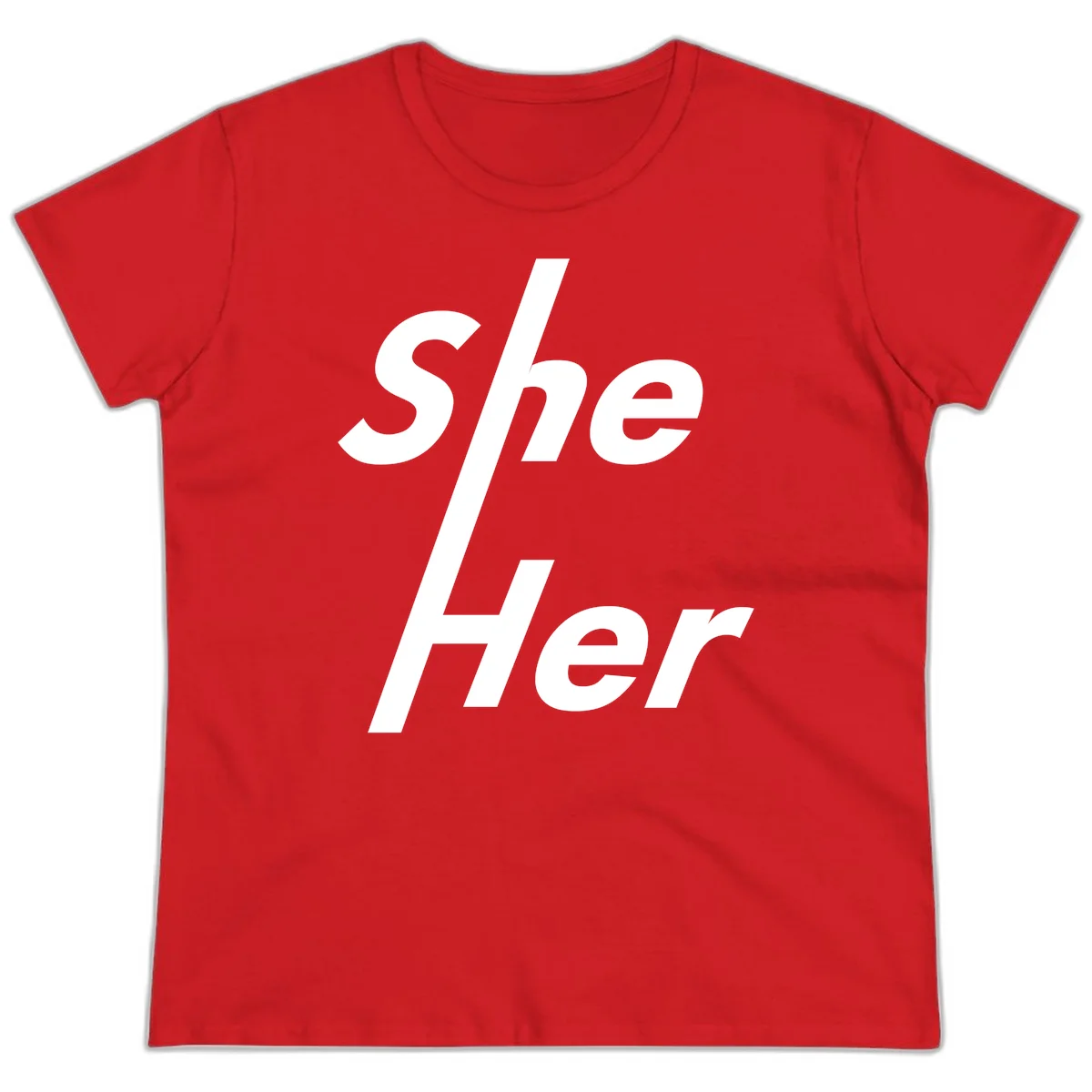 White text reading 'She/Her' with a diagonal forward slash on gray background, pronoun pride design in Red