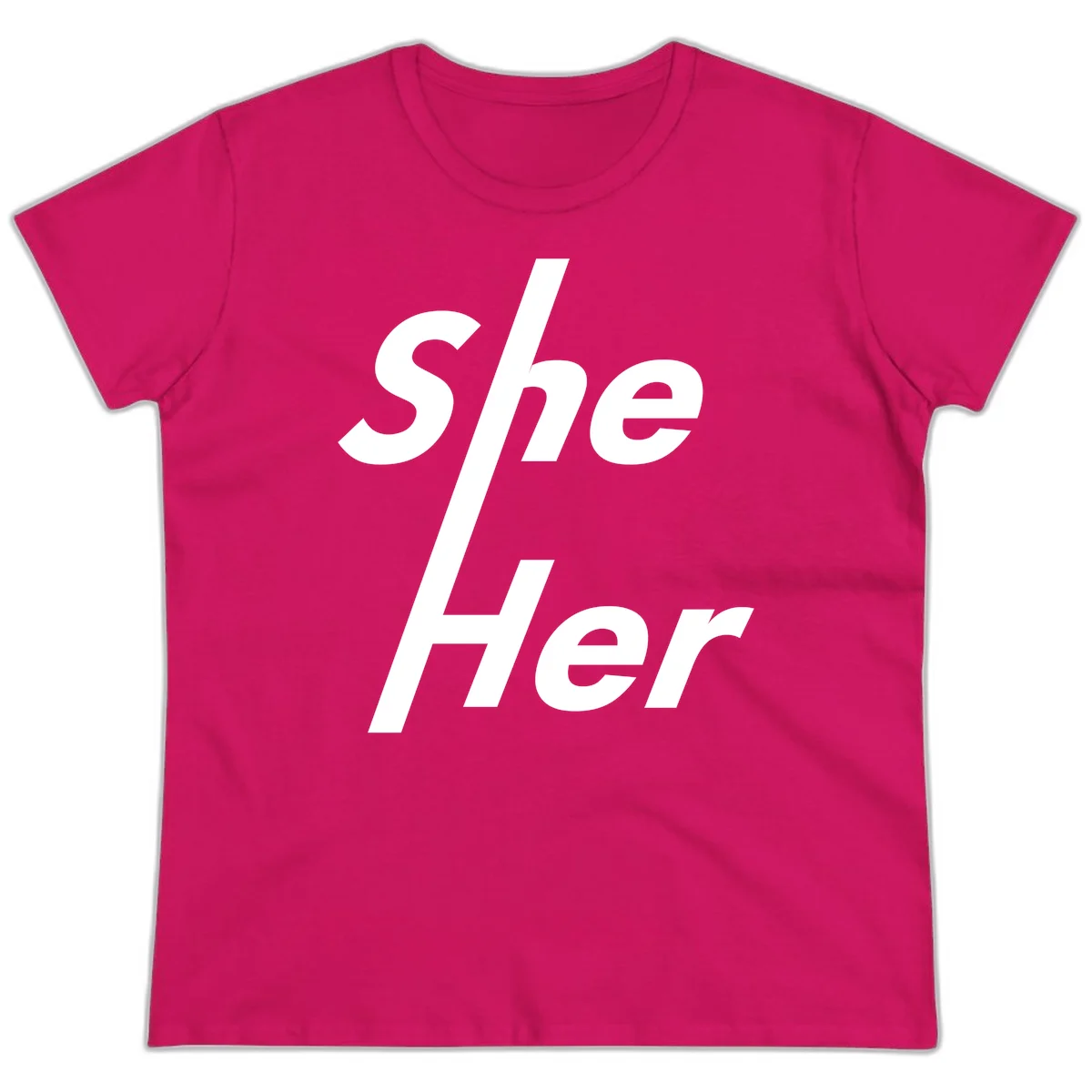 White text reading 'She/Her' with a diagonal forward slash on gray background, pronoun pride design in Heliconia
