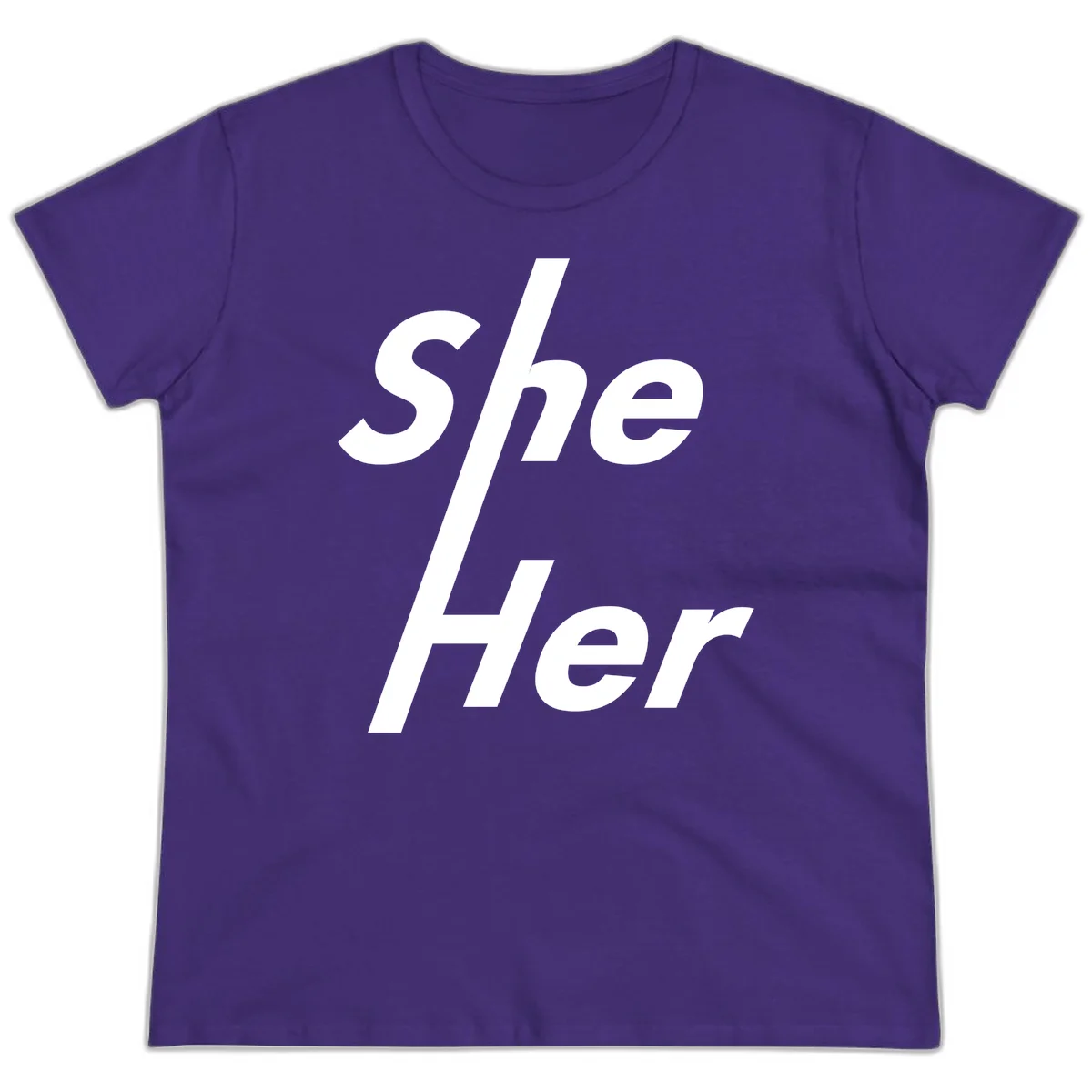 White text reading 'She/Her' with a diagonal forward slash on gray background, pronoun pride design in Purple