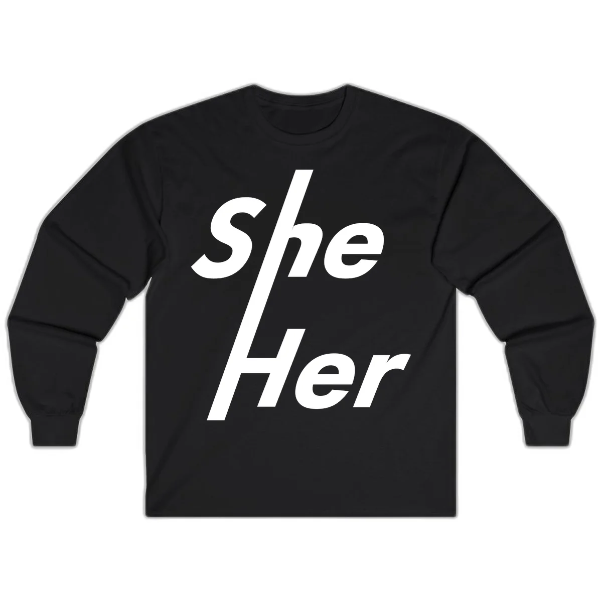 White text reading 'She/Her' with a diagonal forward slash on gray background, pronoun pride design in Black