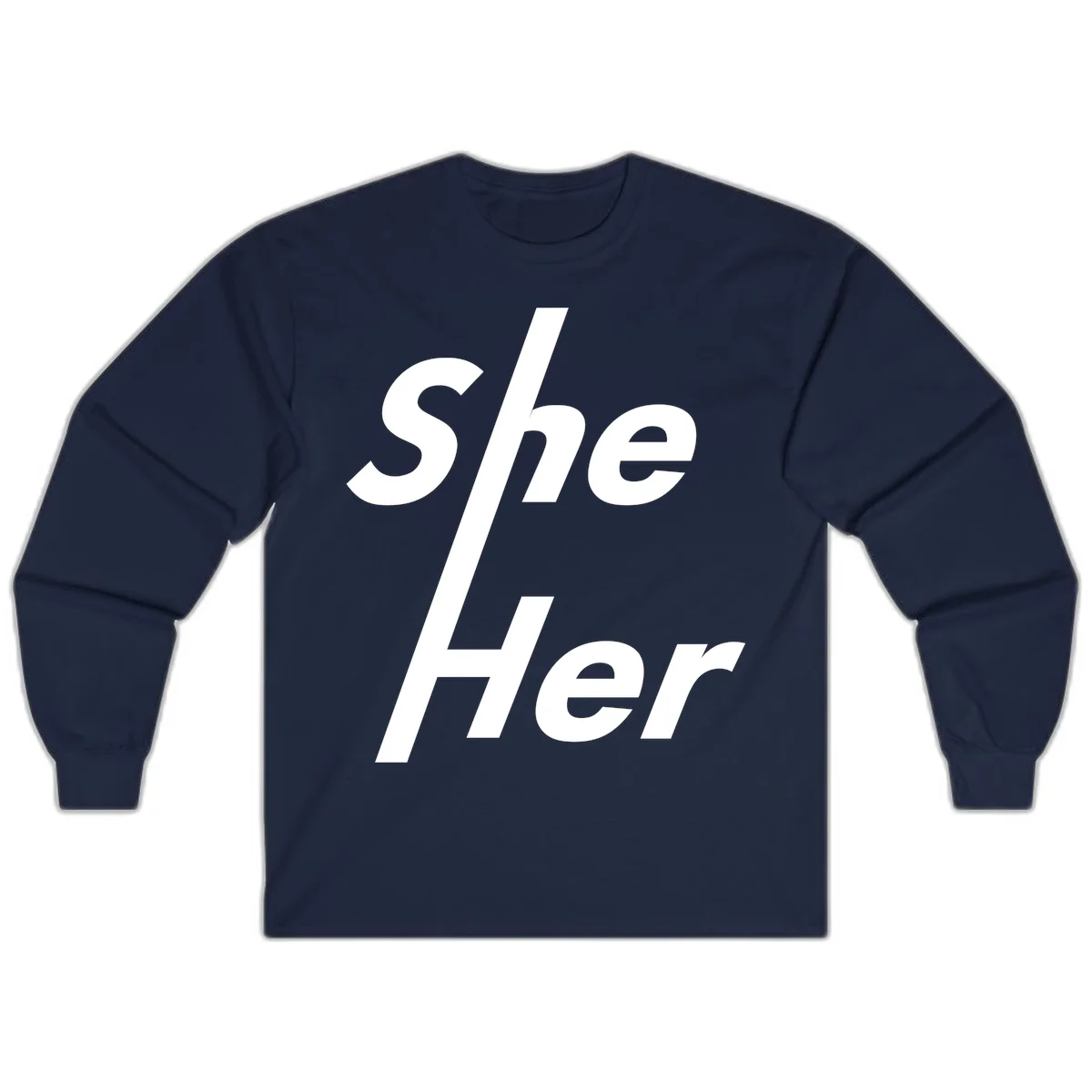 White text reading 'She/Her' with a diagonal forward slash on gray background, pronoun pride design in Navy