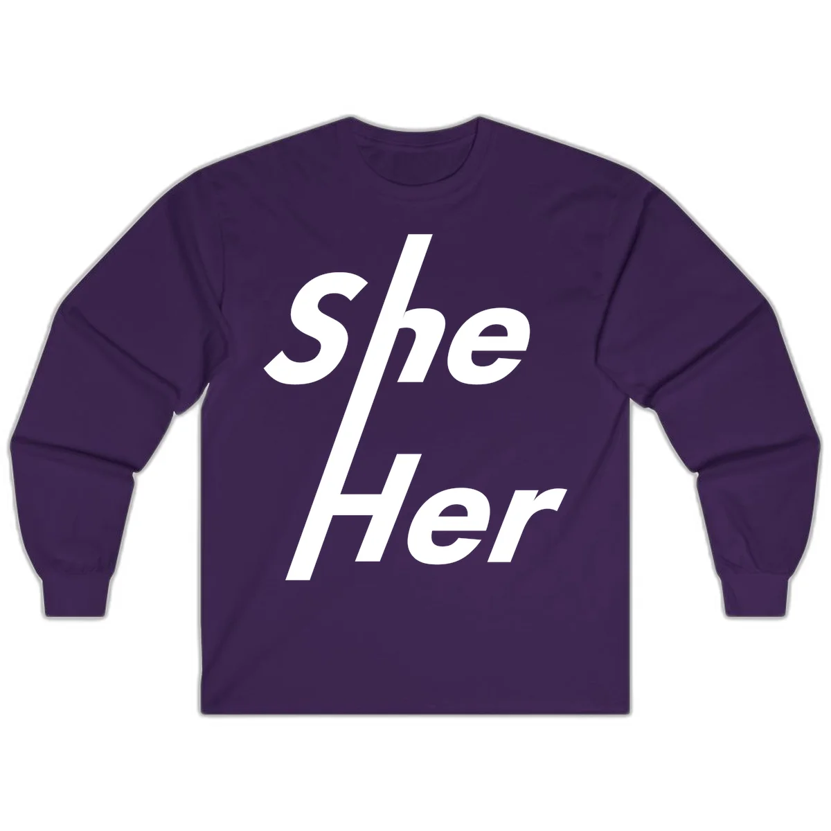 White text reading 'She/Her' with a diagonal forward slash on gray background, pronoun pride design in Purple