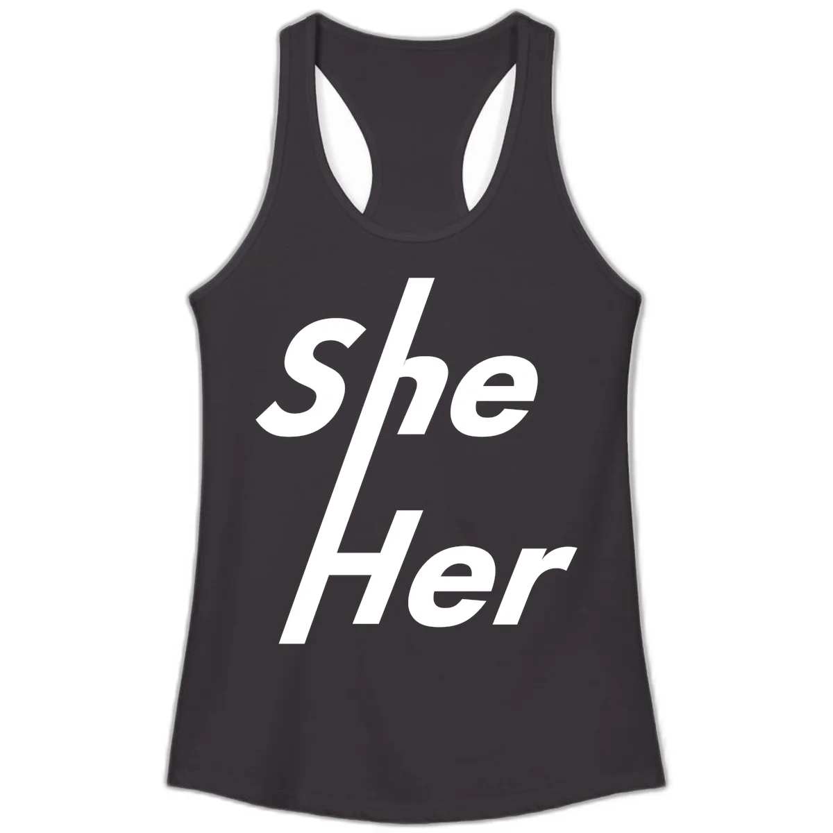 White text reading 'She/Her' with a diagonal forward slash on gray background, pronoun pride design in Black