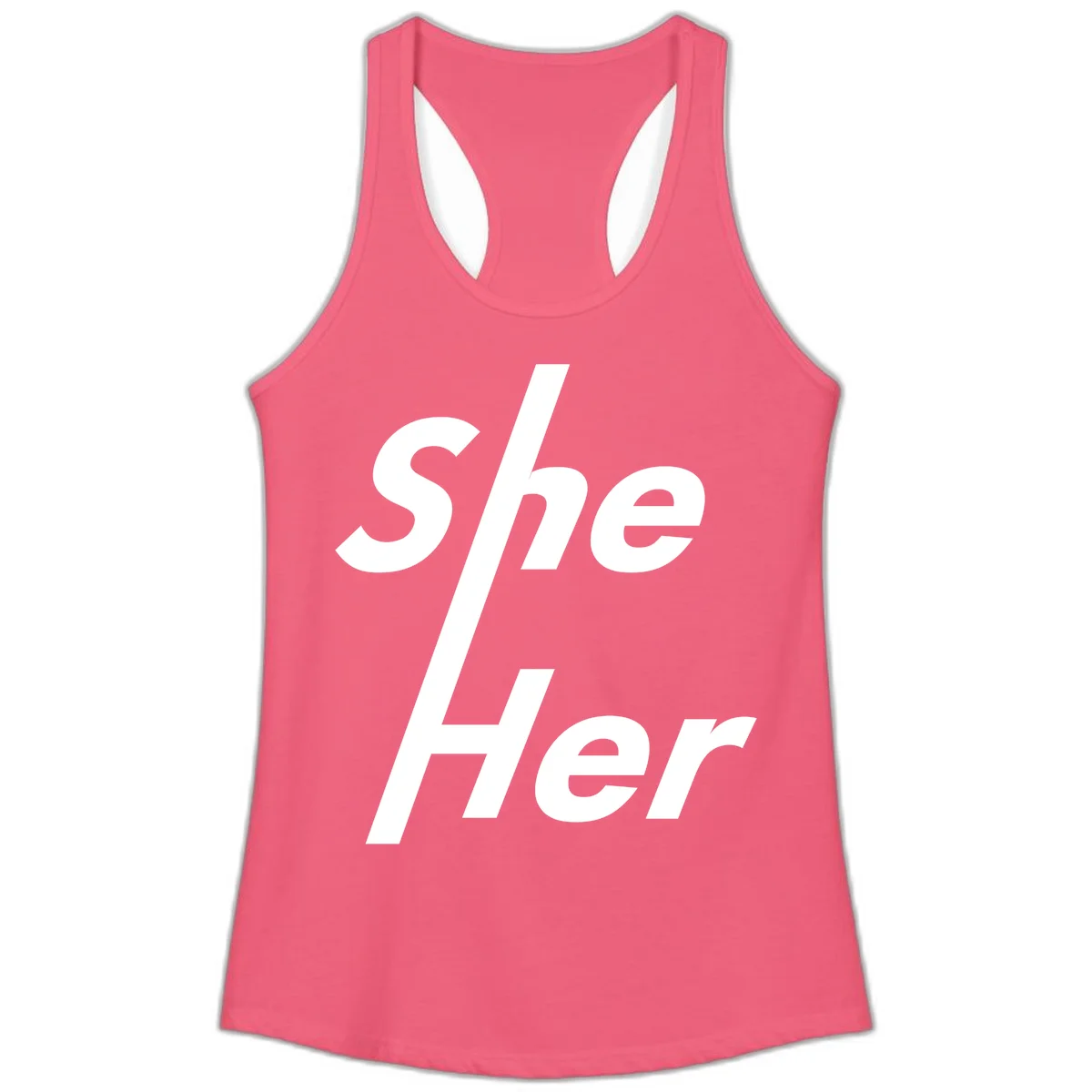 White text reading 'She/Her' with a diagonal forward slash on gray background, pronoun pride design in Hot Pink