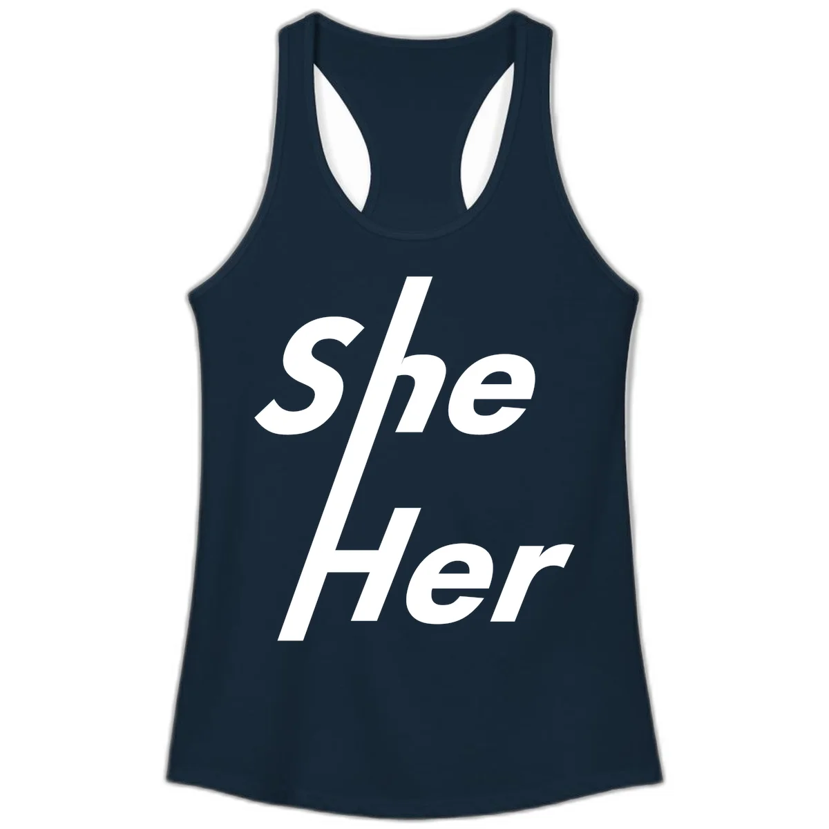 White text reading 'She/Her' with a diagonal forward slash on gray background, pronoun pride design in Solid Midnight Navy