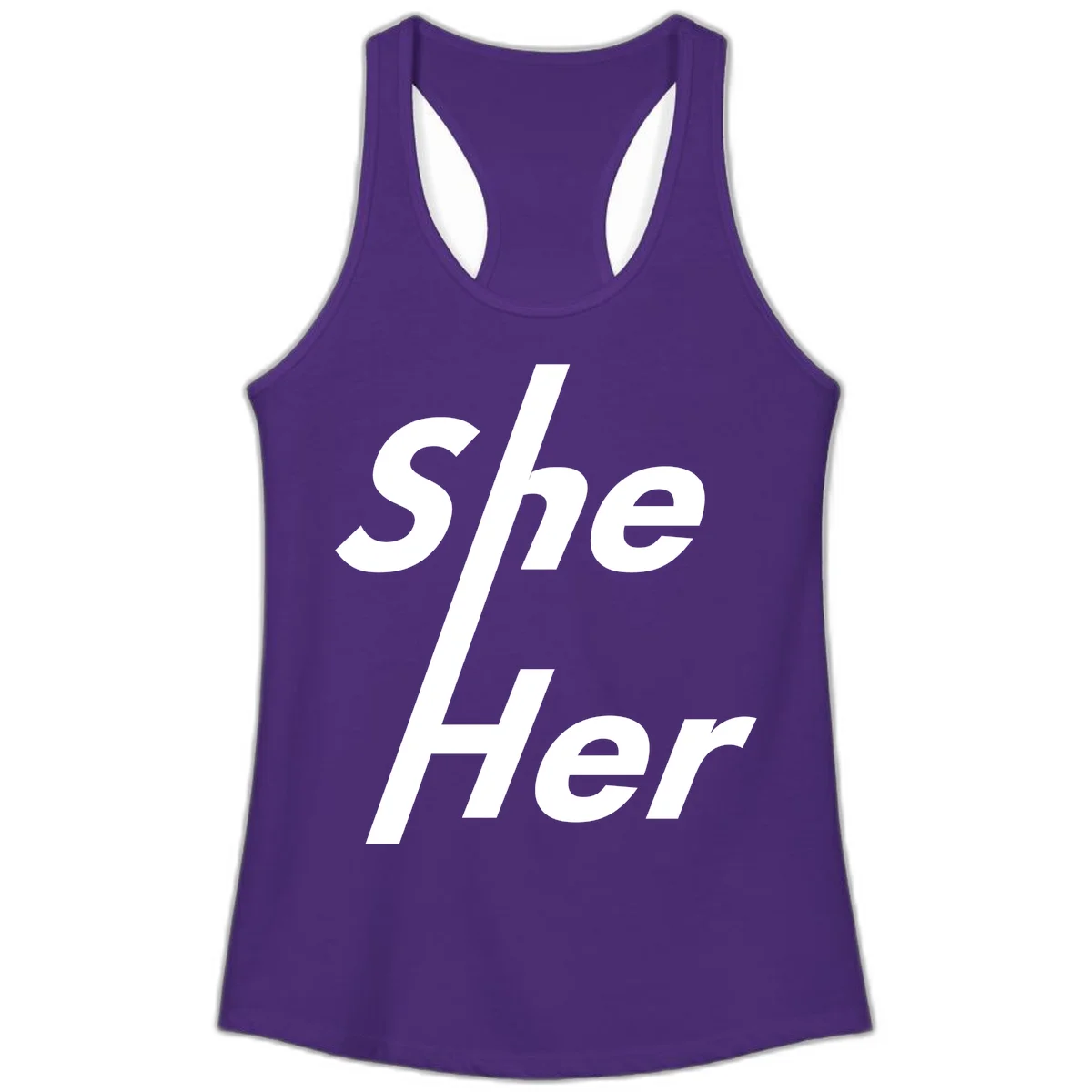 White text reading 'She/Her' with a diagonal forward slash on gray background, pronoun pride design in Solid Purple Rush