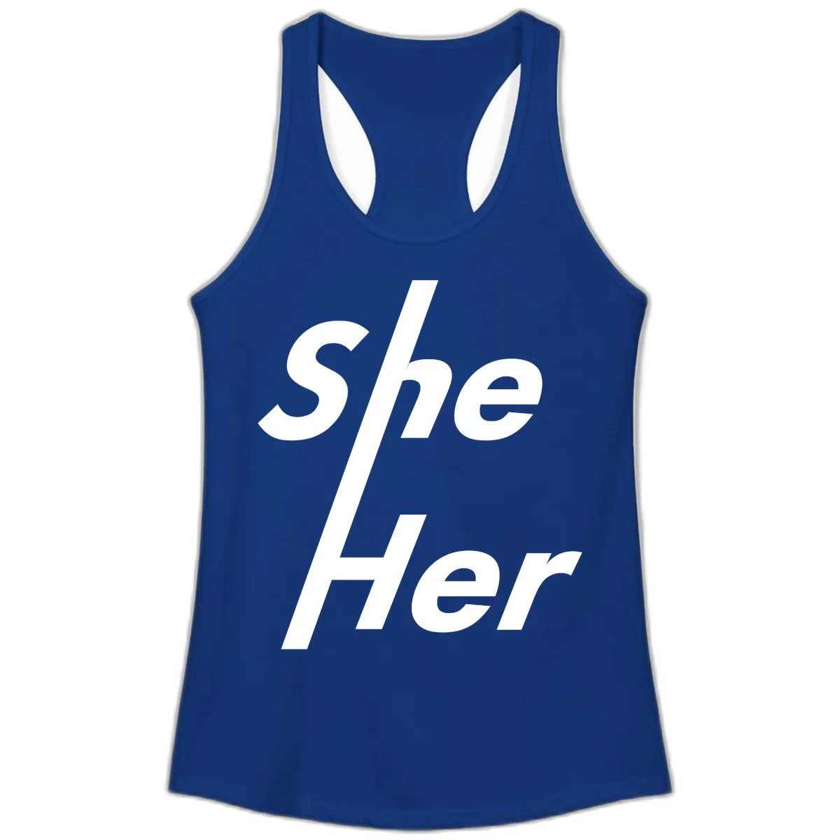 White text reading 'She/Her' with a diagonal forward slash on gray background, pronoun pride design in Solid Royal