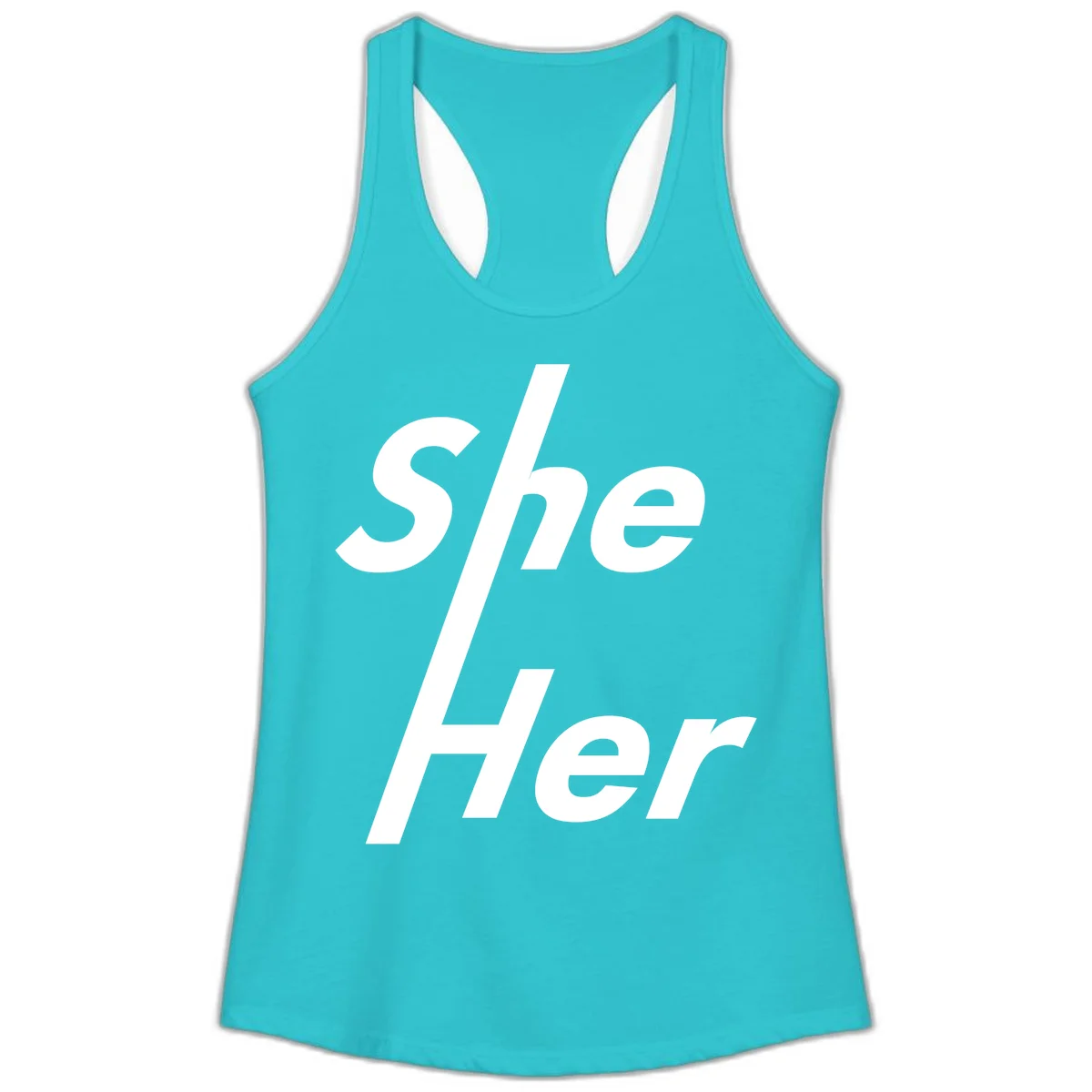 White text reading 'She/Her' with a diagonal forward slash on gray background, pronoun pride design in Solid Tahiti Blue