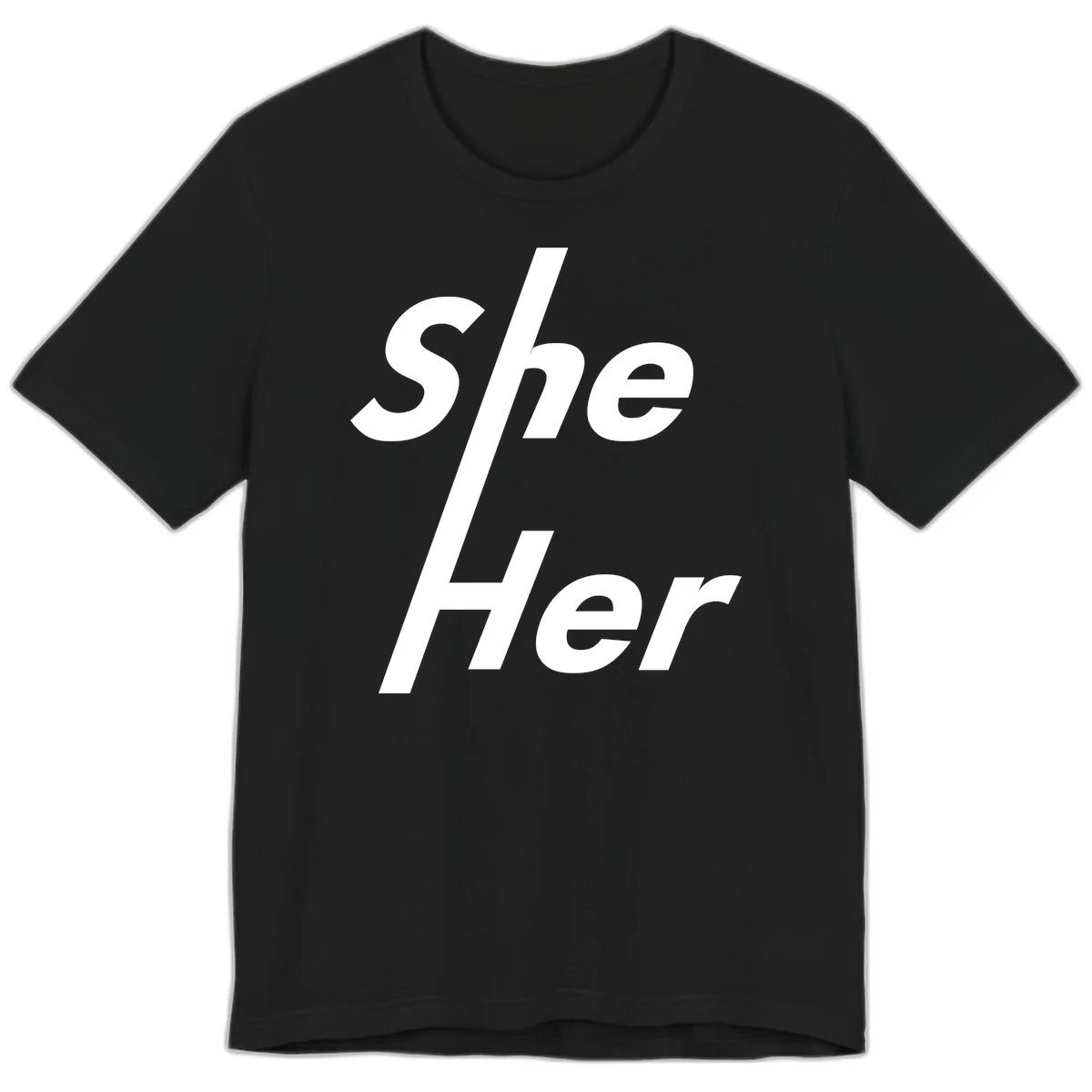 White text reading 'She/Her' with a diagonal forward slash on gray background, pronoun pride design in Black
