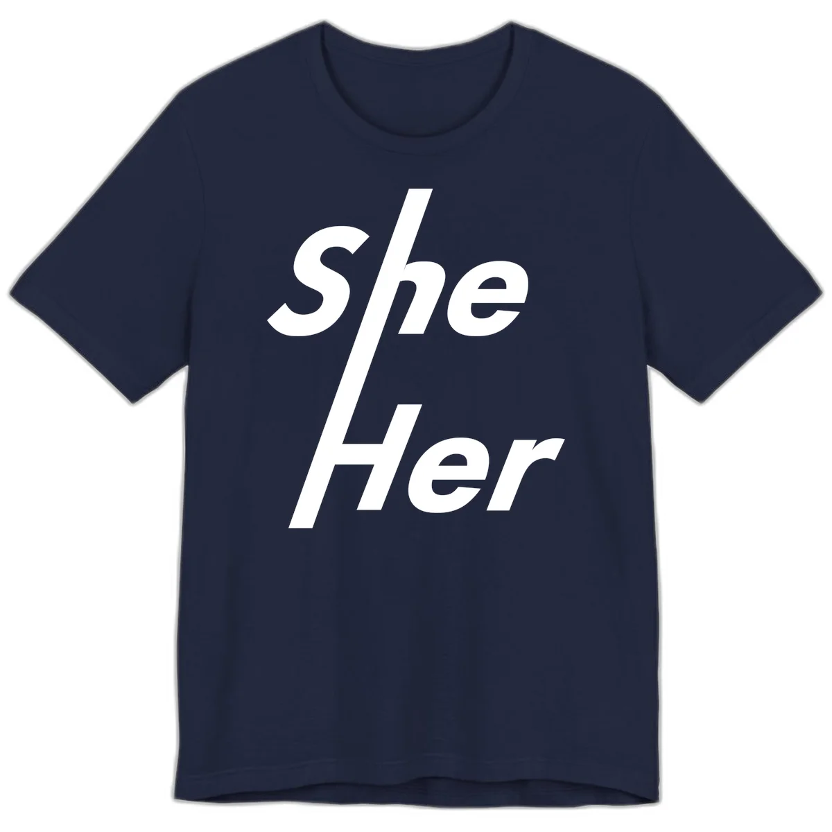 White text reading 'She/Her' with a diagonal forward slash on gray background, pronoun pride design in Navy