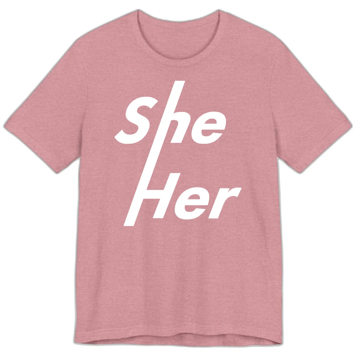 White text reading 'She/Her' with a diagonal forward slash on gray background, pronoun pride design in Heather Orchid
