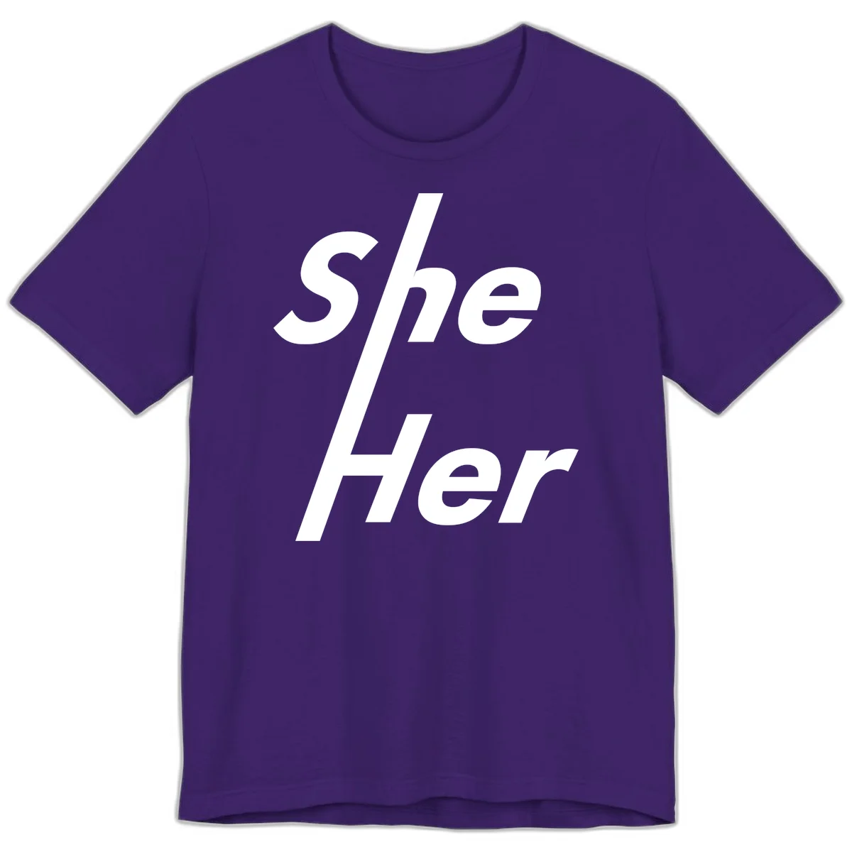 White text reading 'She/Her' with a diagonal forward slash on gray background, pronoun pride design in Team Purple