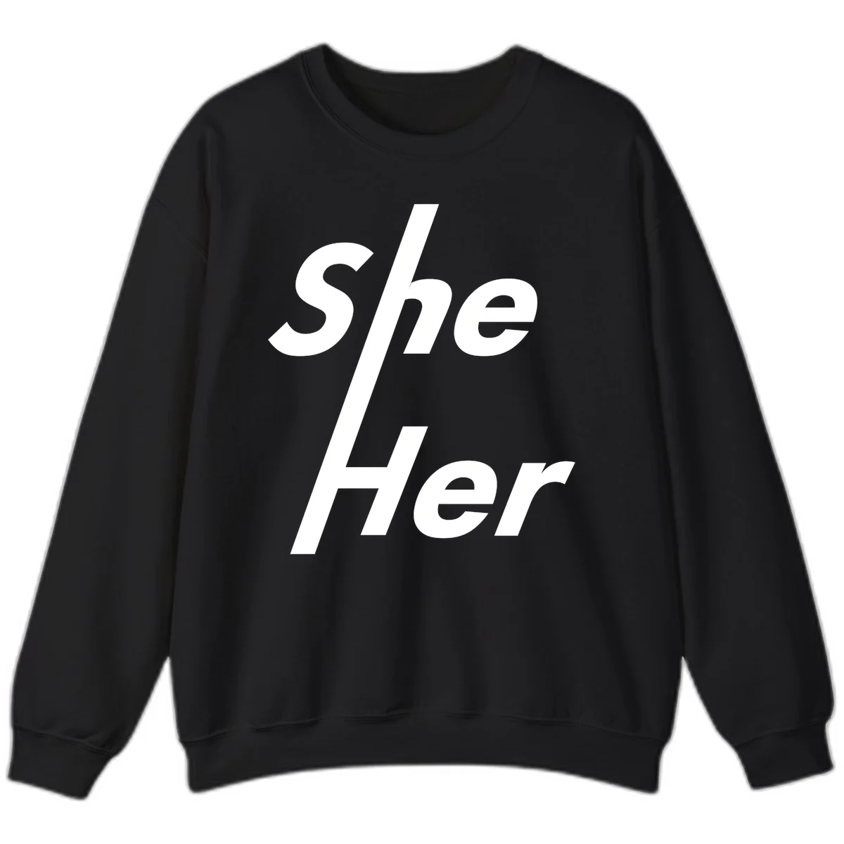 White text reading 'She/Her' with a diagonal forward slash on gray background, pronoun pride design in Black