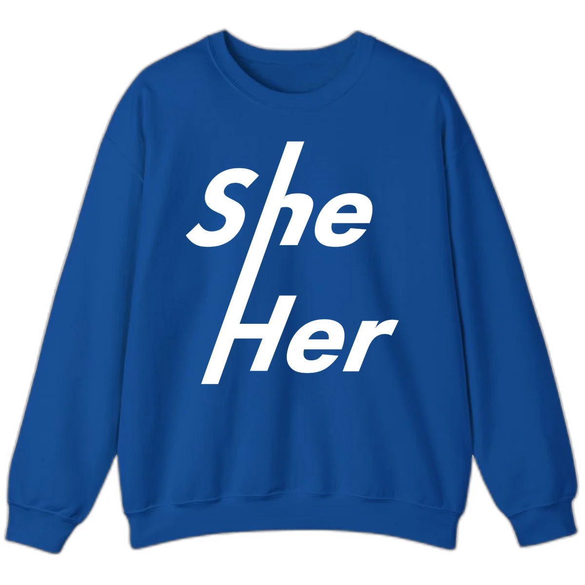 White text reading 'She/Her' with a diagonal forward slash on gray background, pronoun pride design in Royal