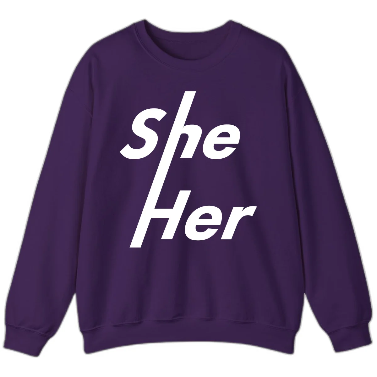 White text reading 'She/Her' with a diagonal forward slash on gray background, pronoun pride design in Purple