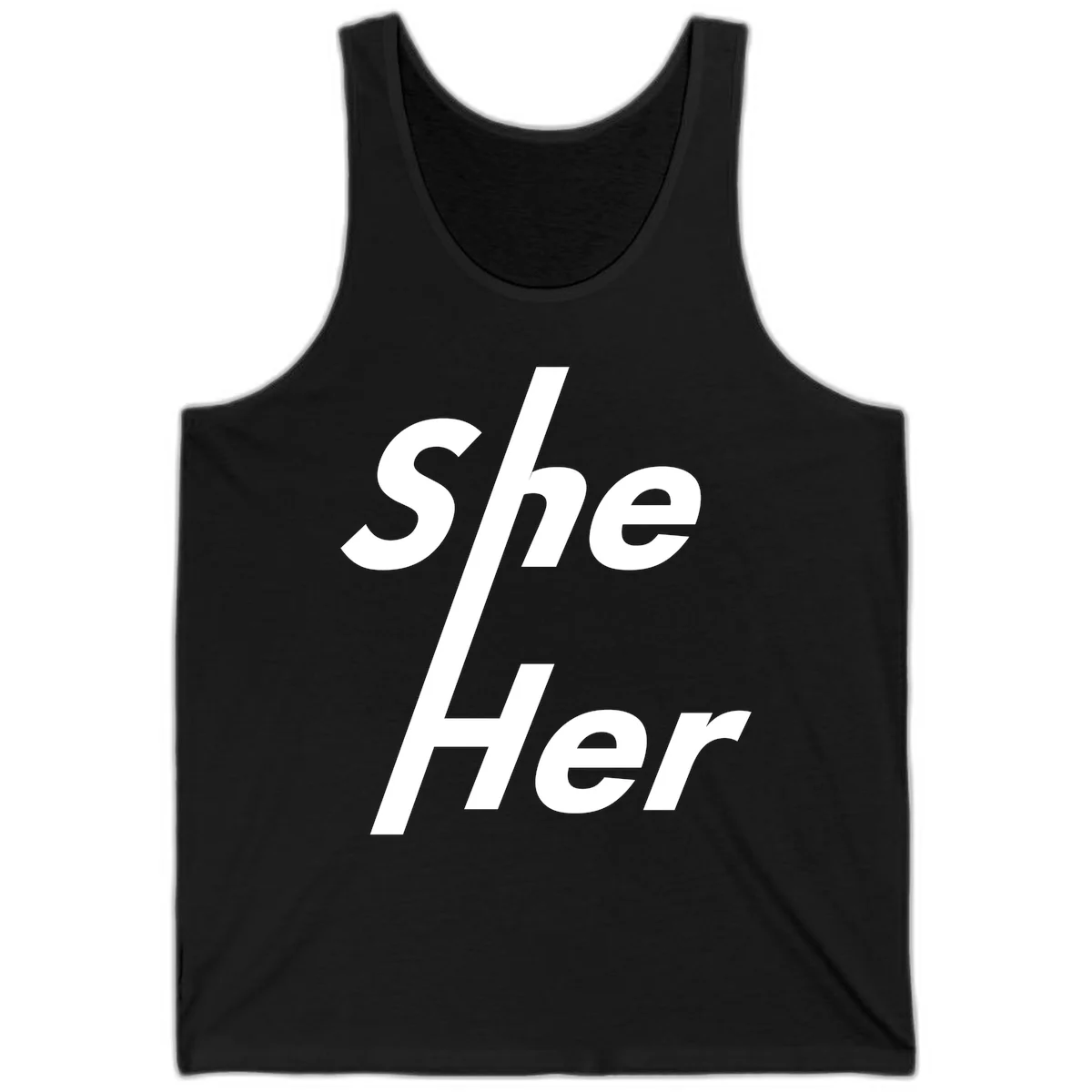 White text reading 'She/Her' with a diagonal forward slash on gray background, pronoun pride design in Black