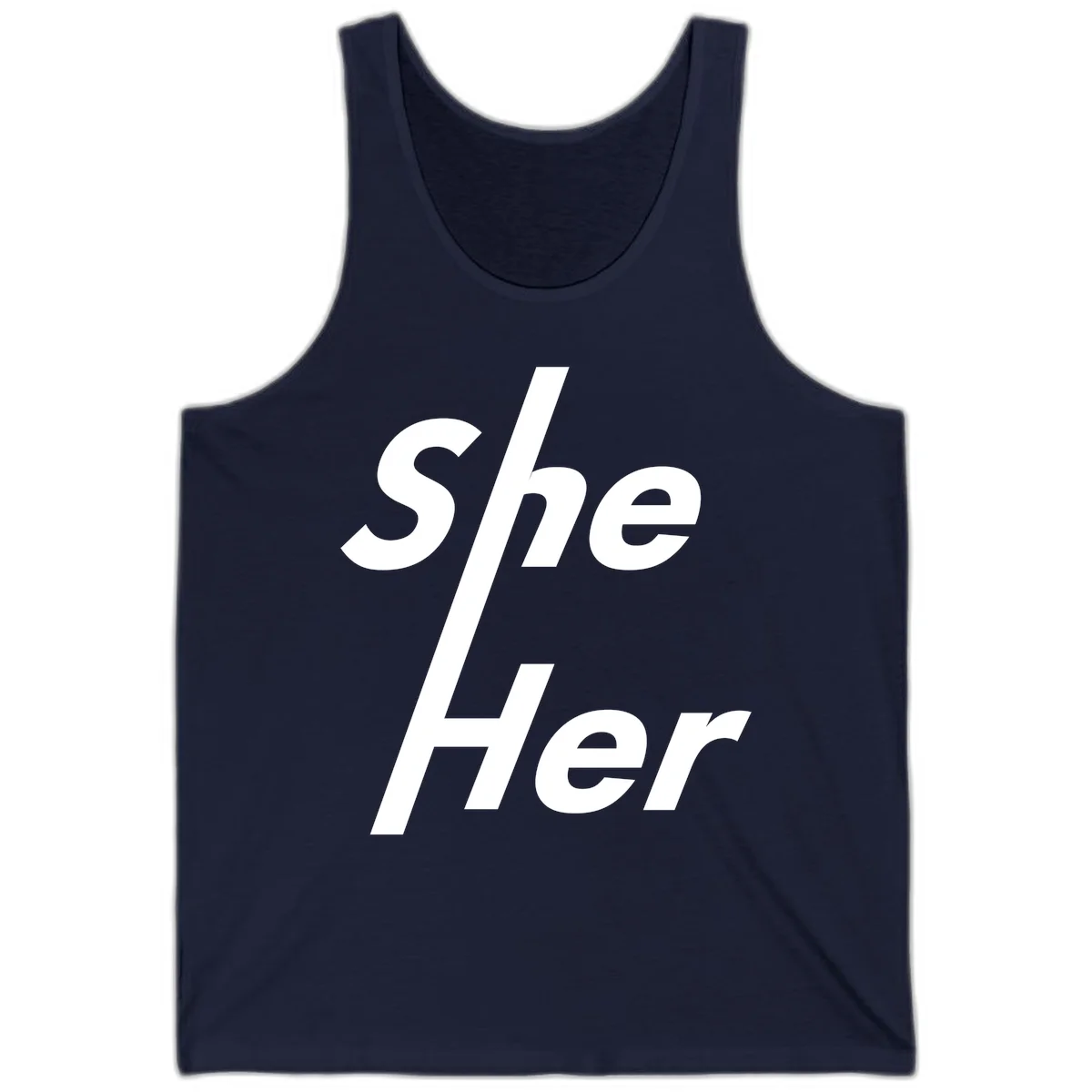 White text reading 'She/Her' with a diagonal forward slash on gray background, pronoun pride design in Navy