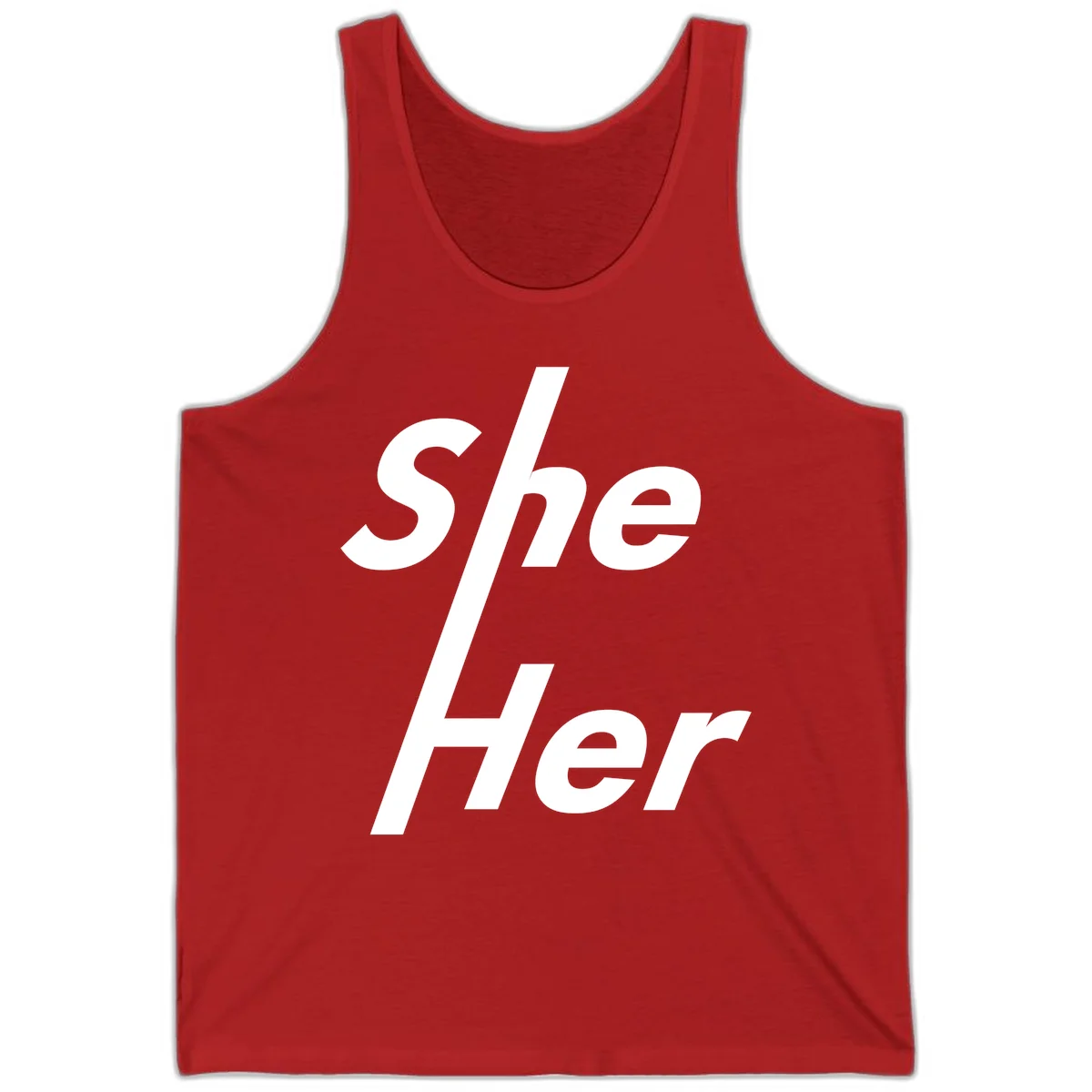 White text reading 'She/Her' with a diagonal forward slash on gray background, pronoun pride design in Red
