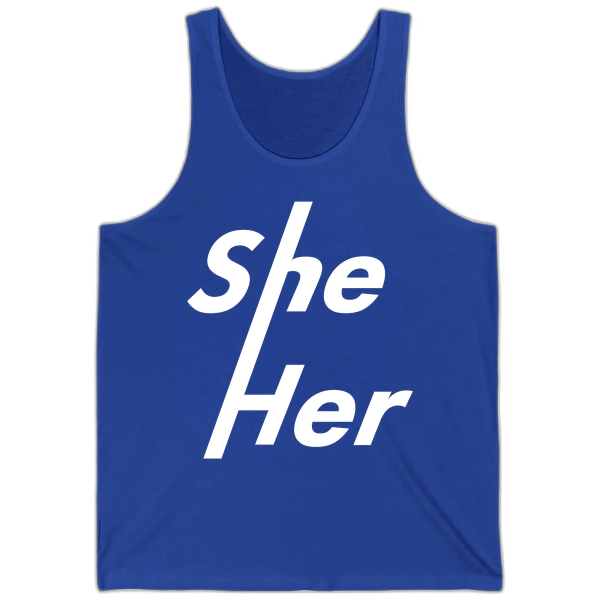 White text reading 'She/Her' with a diagonal forward slash on gray background, pronoun pride design in True Royal