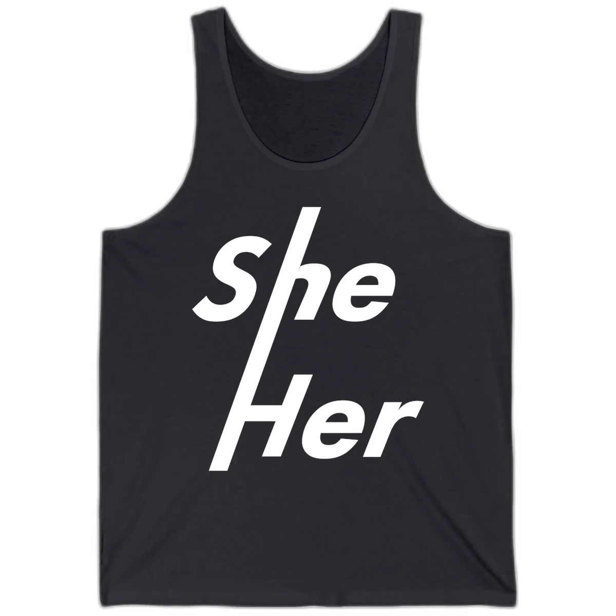 White text reading 'She/Her' with a diagonal forward slash on gray background, pronoun pride design in Dark Grey