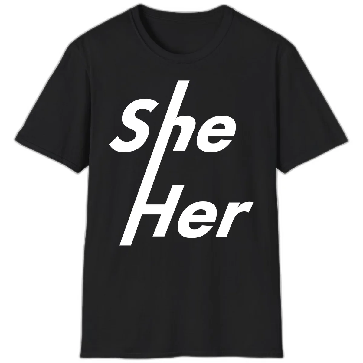 White text reading 'She/Her' with a diagonal forward slash on gray background, pronoun pride design in Black
