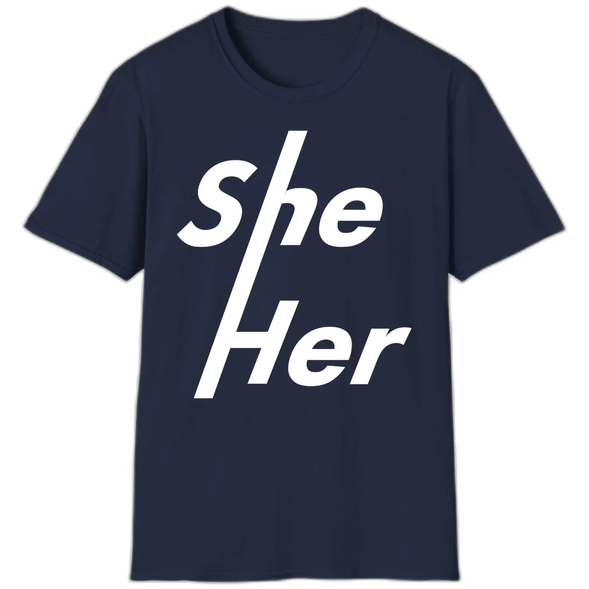 White text reading 'She/Her' with a diagonal forward slash on gray background, pronoun pride design in Navy