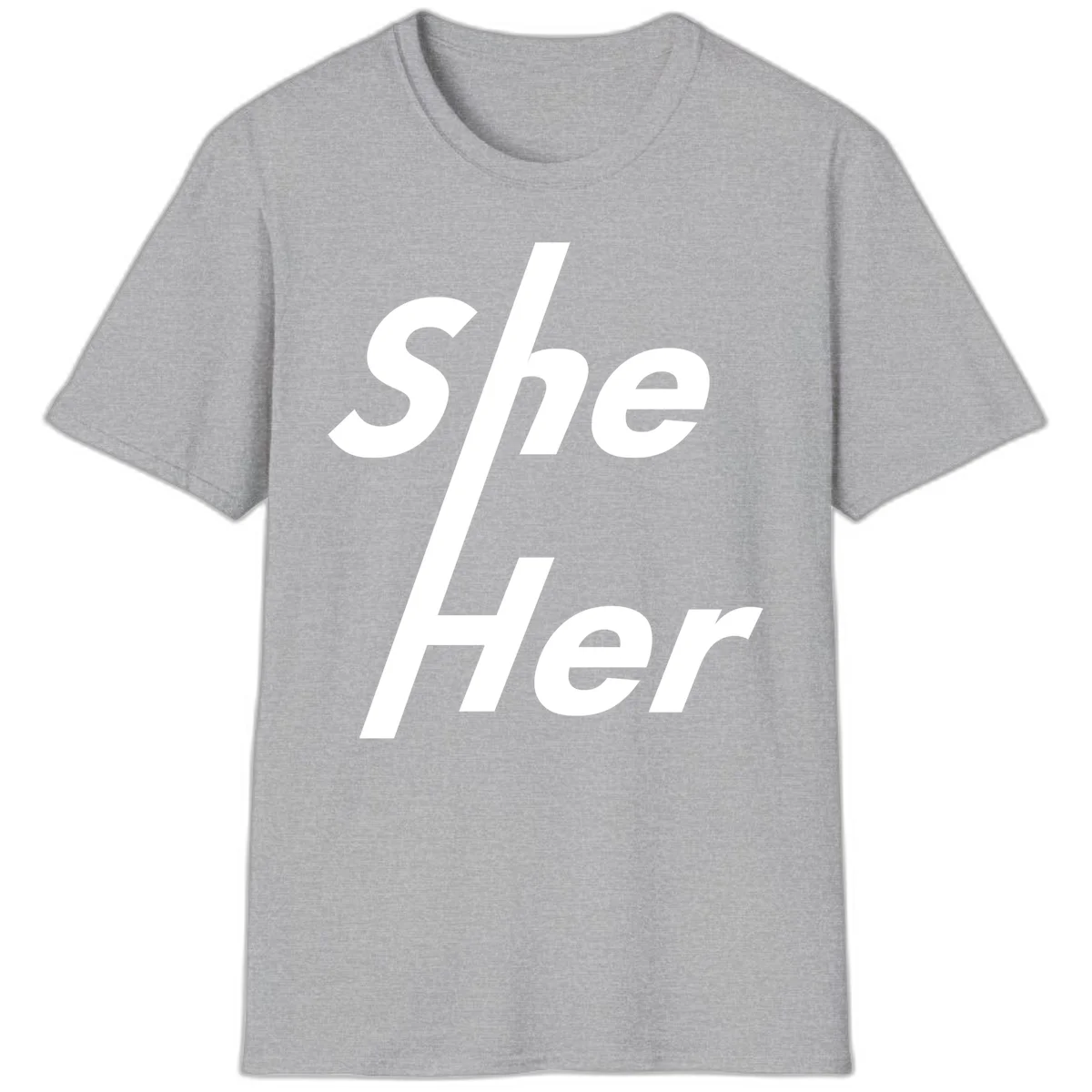 White text reading 'She/Her' with a diagonal forward slash on gray background, pronoun pride design in Sport Grey