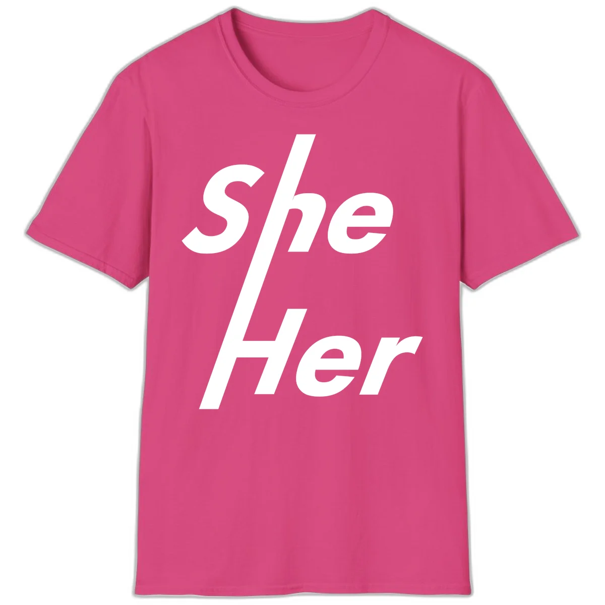White text reading 'She/Her' with a diagonal forward slash on gray background, pronoun pride design in Heliconia