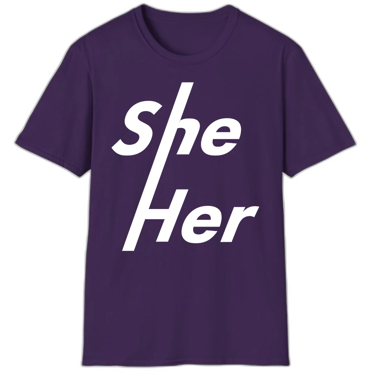 White text reading 'She/Her' with a diagonal forward slash on gray background, pronoun pride design in Purple