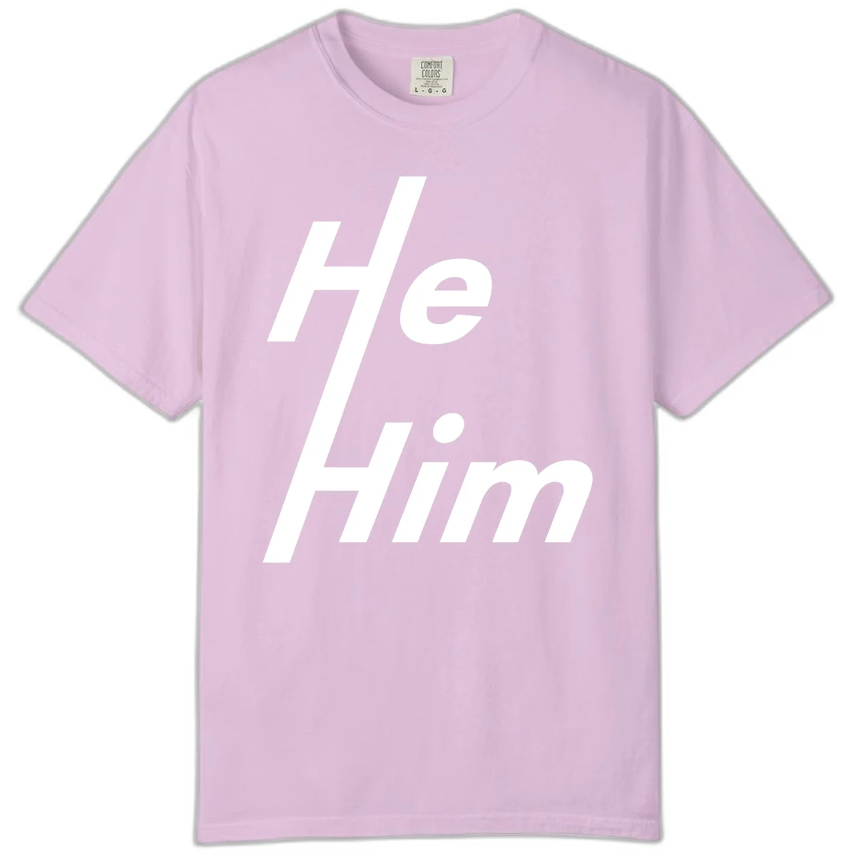 Minimalist design with hashtag symbol and 'e.Him' text in white on gray background, promoting he/him pronoun visibility and pride in Orchid