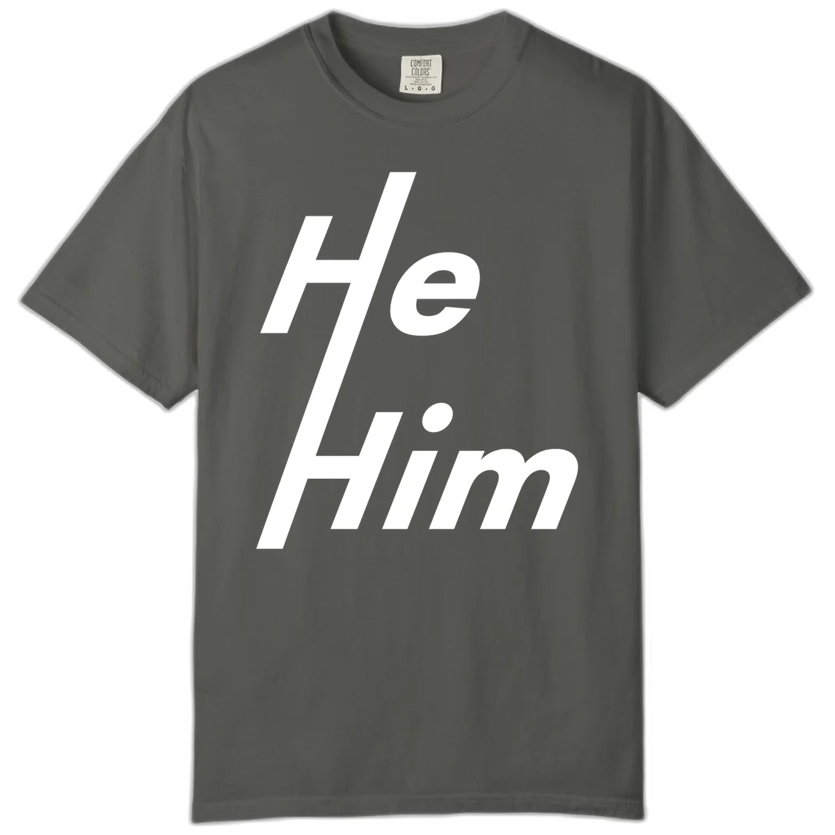 Minimalist design with hashtag symbol and 'e.Him' text in white on gray background, promoting he/him pronoun visibility and pride in Pepper