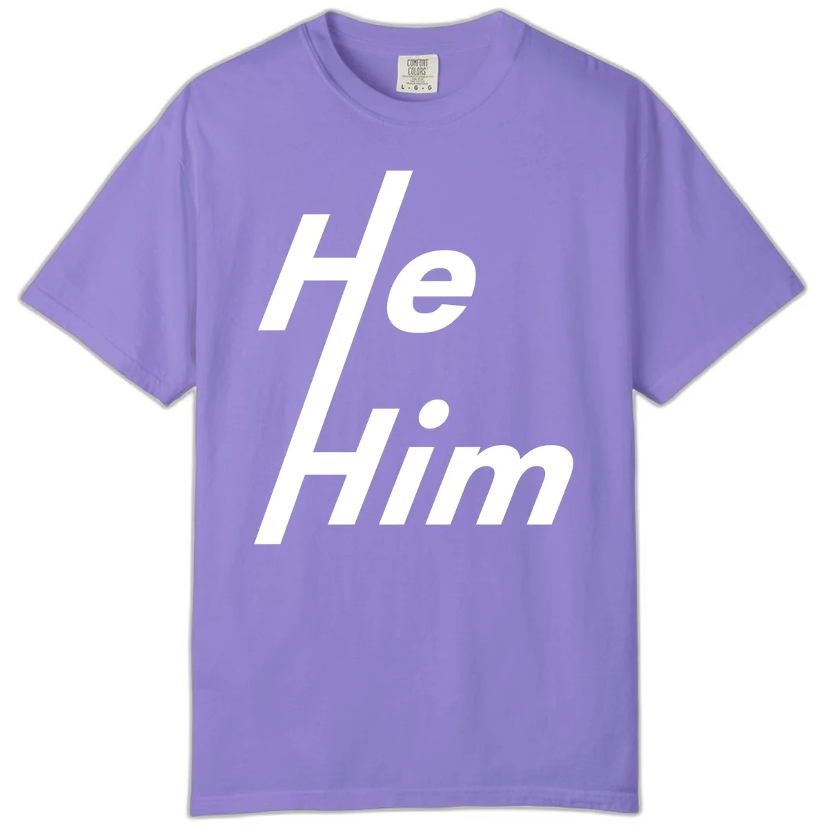 Minimalist design with hashtag symbol and 'e.Him' text in white on gray background, promoting he/him pronoun visibility and pride in Violet