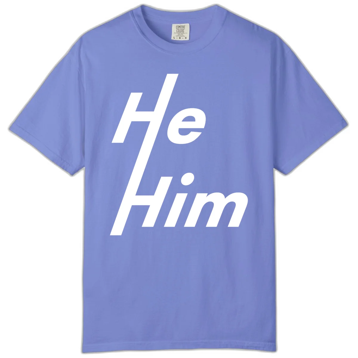 Minimalist design with hashtag symbol and 'e.Him' text in white on gray background, promoting he/him pronoun visibility and pride in Flo Blue