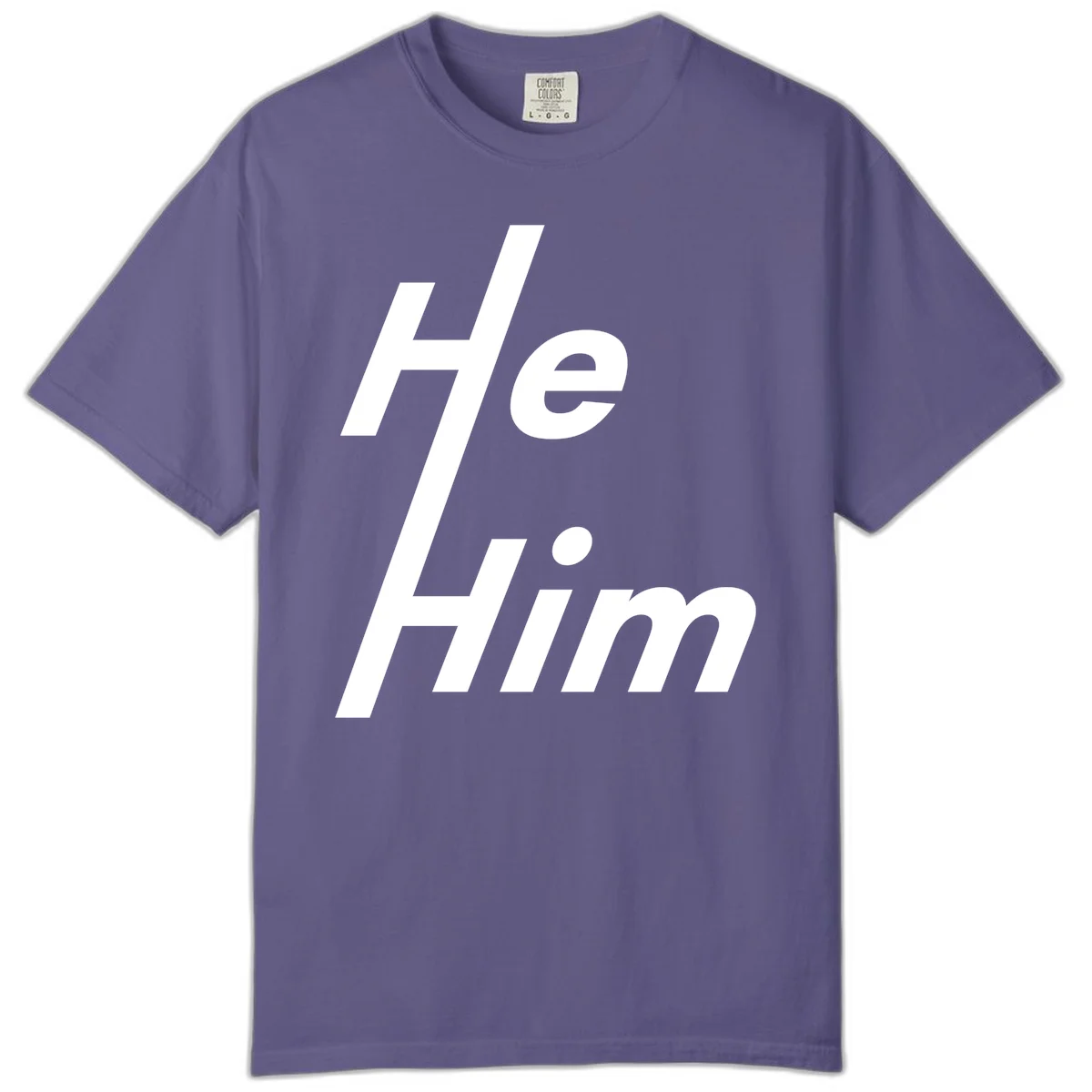 Minimalist design with hashtag symbol and 'e.Him' text in white on gray background, promoting he/him pronoun visibility and pride in Grape