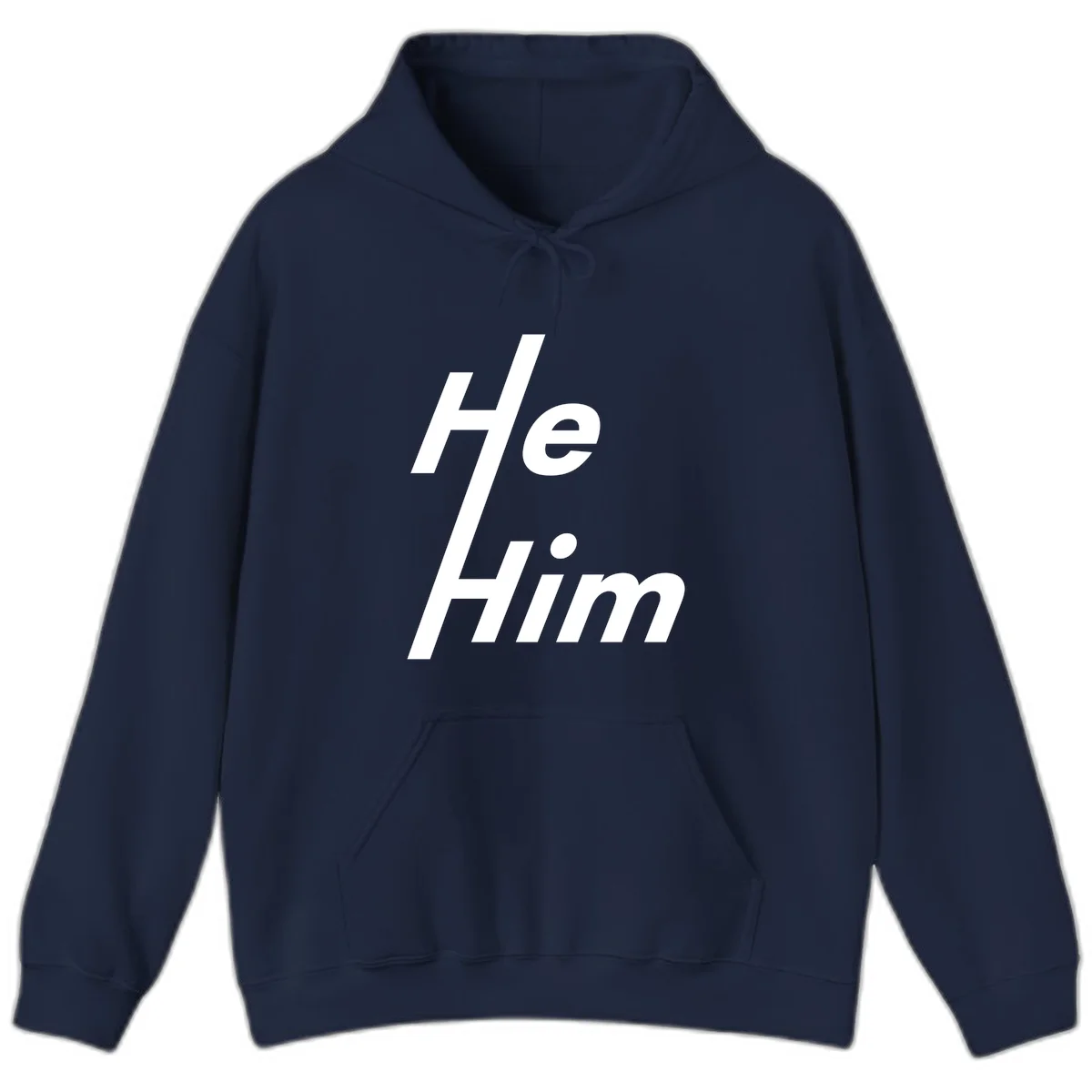 Minimalist design with hashtag symbol and 'e.Him' text in white on gray background, promoting he/him pronoun visibility and pride in Navy