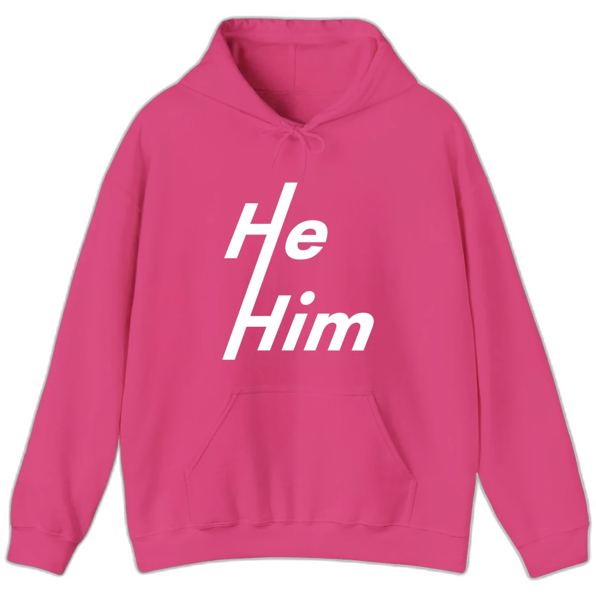 Minimalist design with hashtag symbol and 'e.Him' text in white on gray background, promoting he/him pronoun visibility and pride in Heliconia