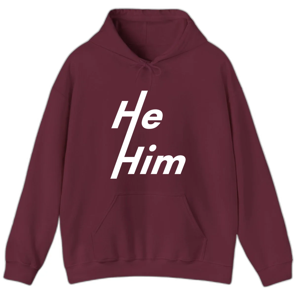 Minimalist design with hashtag symbol and 'e.Him' text in white on gray background, promoting he/him pronoun visibility and pride in Maroon