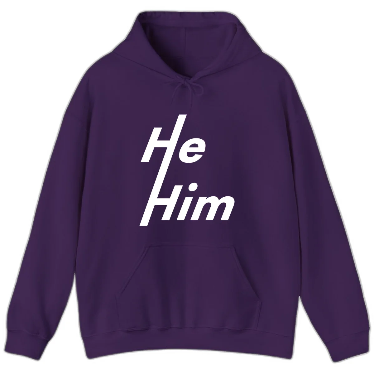 Minimalist design with hashtag symbol and 'e.Him' text in white on gray background, promoting he/him pronoun visibility and pride in Purple