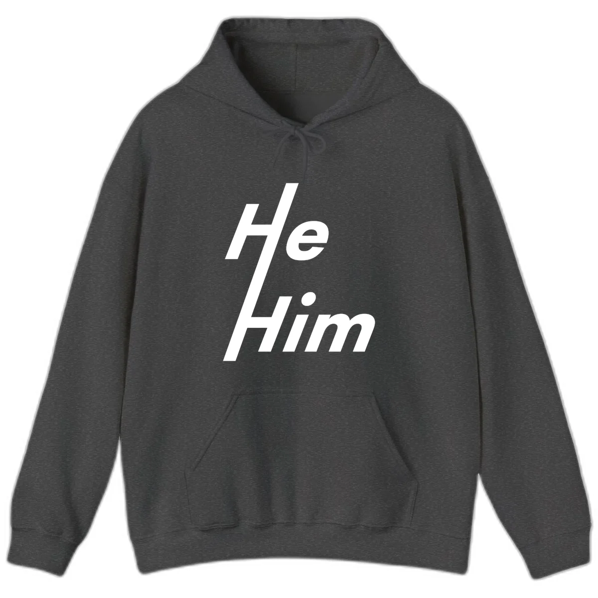 Minimalist design with hashtag symbol and 'e.Him' text in white on gray background, promoting he/him pronoun visibility and pride in Dark Heather
