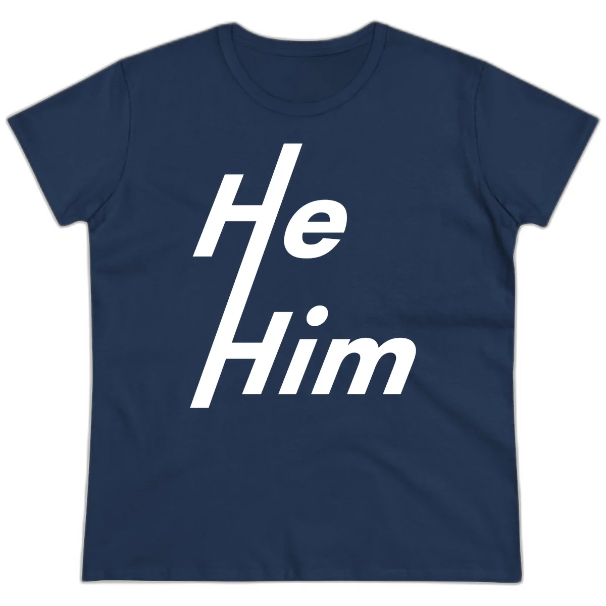 Minimalist design with hashtag symbol and 'e.Him' text in white on gray background, promoting he/him pronoun visibility and pride in Navy